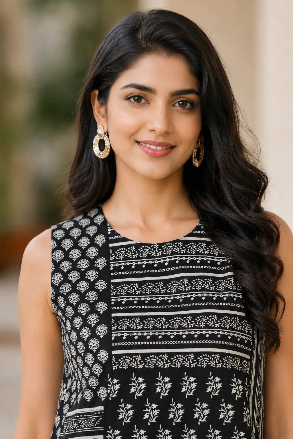Close-up of Rabric black cotton flex co-ord set round neck design with off-white floral and stripe block print