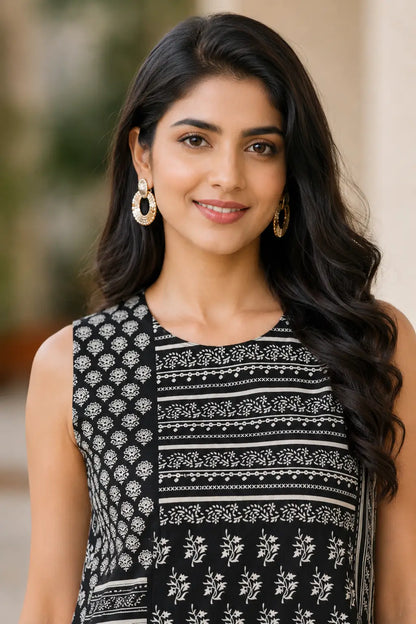 Close-up of Rabric black cotton flex co-ord set round neck design with off-white floral and stripe block print
