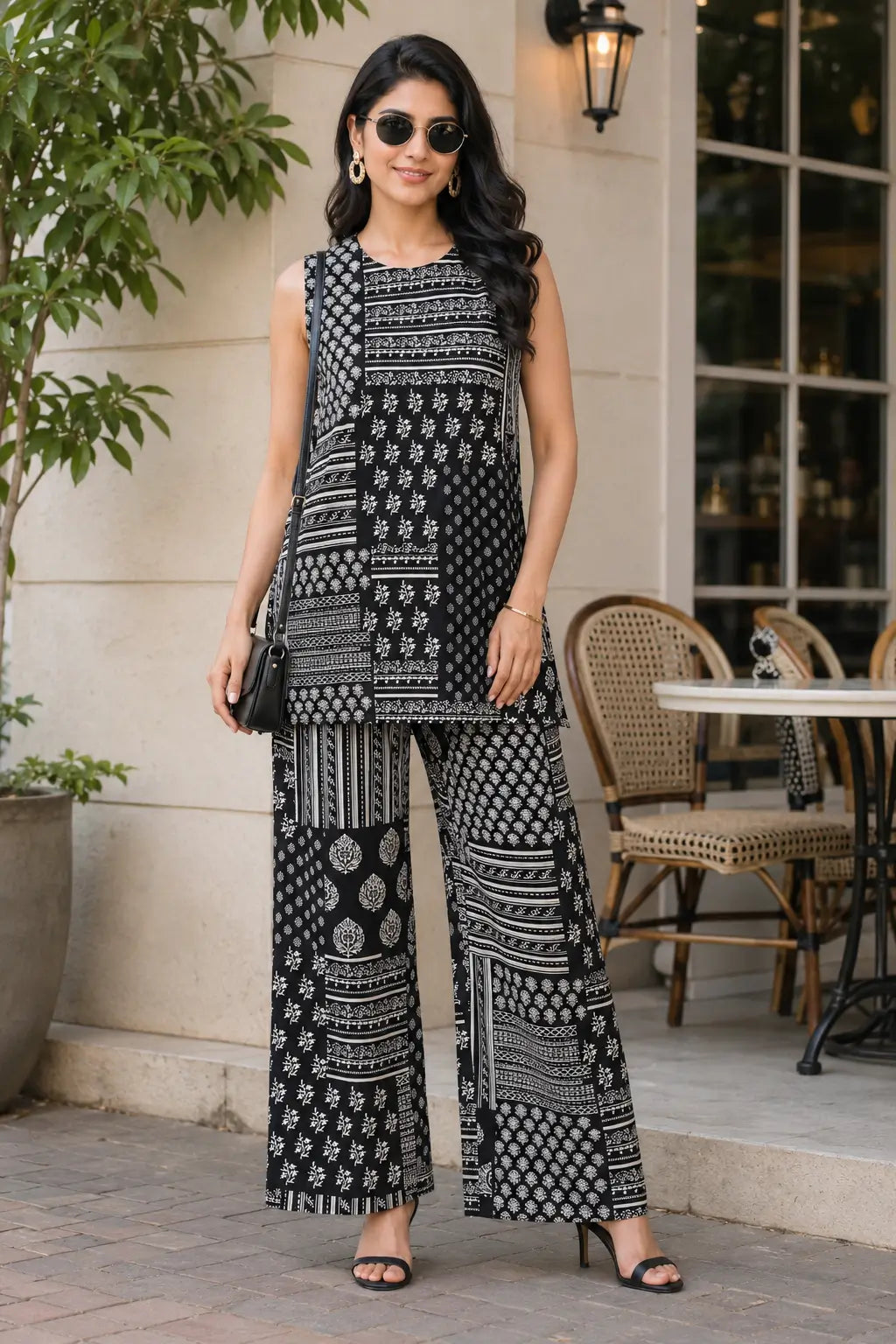Rabric black cotton flex sleeveless co-ord set with off-white floral block print styled in premium outdoor look