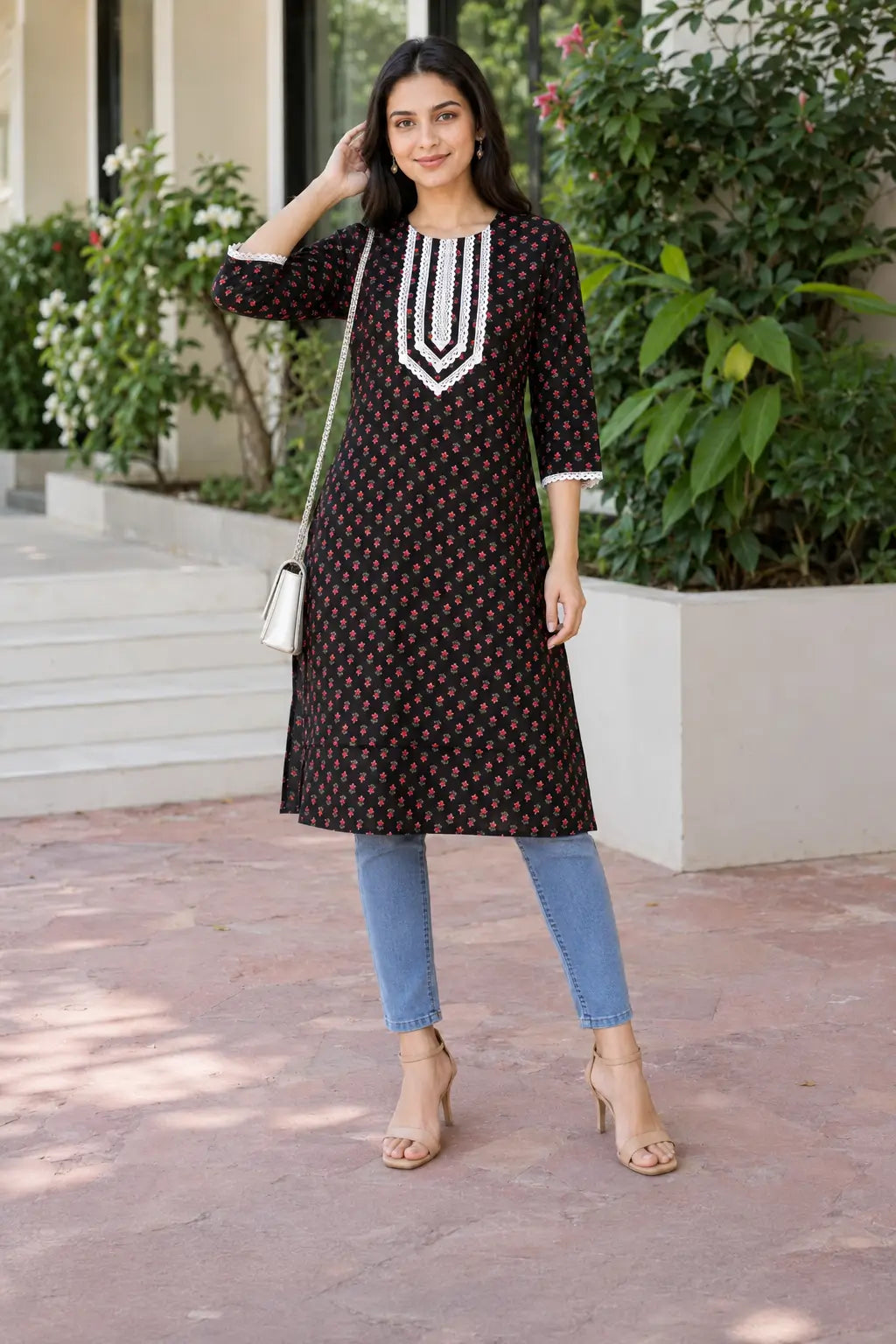 Rabric black cotton straight kurti with small red floral print and white embroidered neckline styled in an outdoor casual look