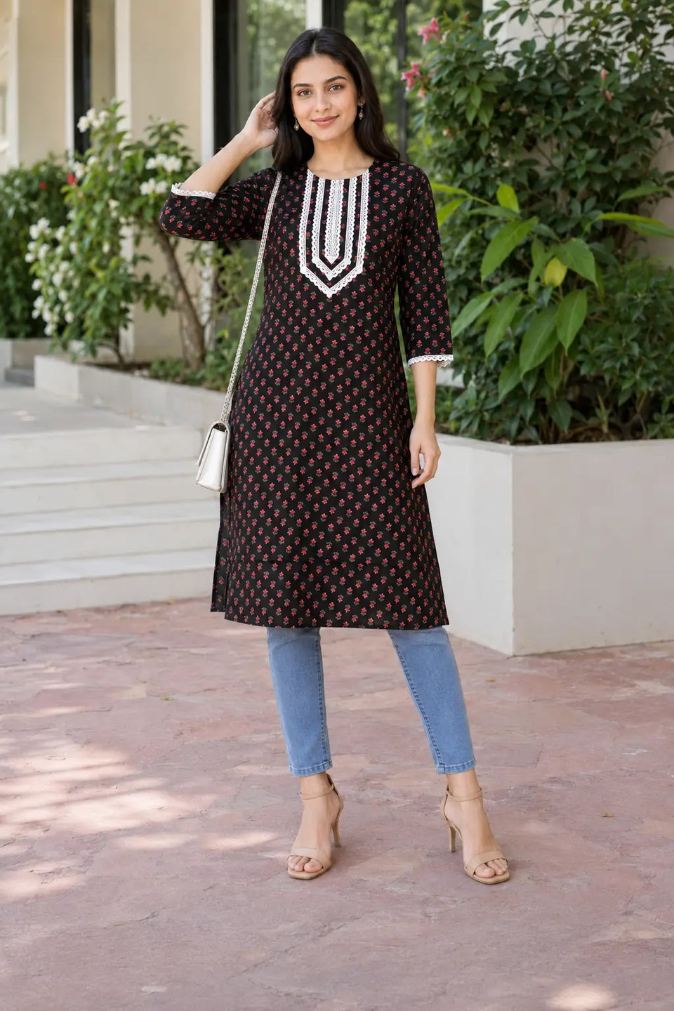 Rabric black cotton straight kurti with small red floral print and white embroidered neckline styled in an outdoor casual look