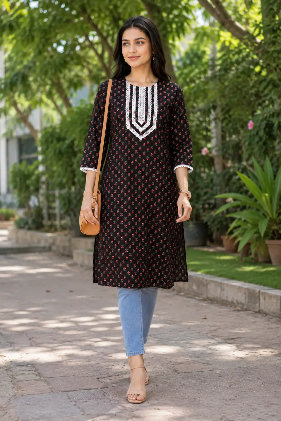 A woman wearing a black kurta with a small red and yellow floral pattern, featuring a white embroidered V-neckline, paired with light blue jeans and beige sandals, carrying a tan shoulder bag while walking outdoors on a paved path surrounded by green trees.