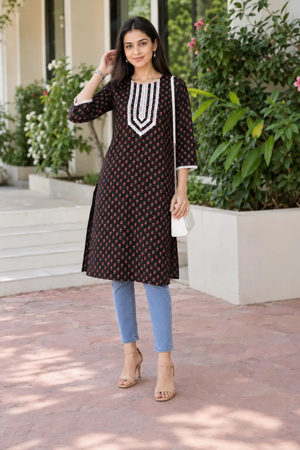 Rabric black cotton red floral printed kurti for women styled with jeans and sling bag for a comfortable casual wear look