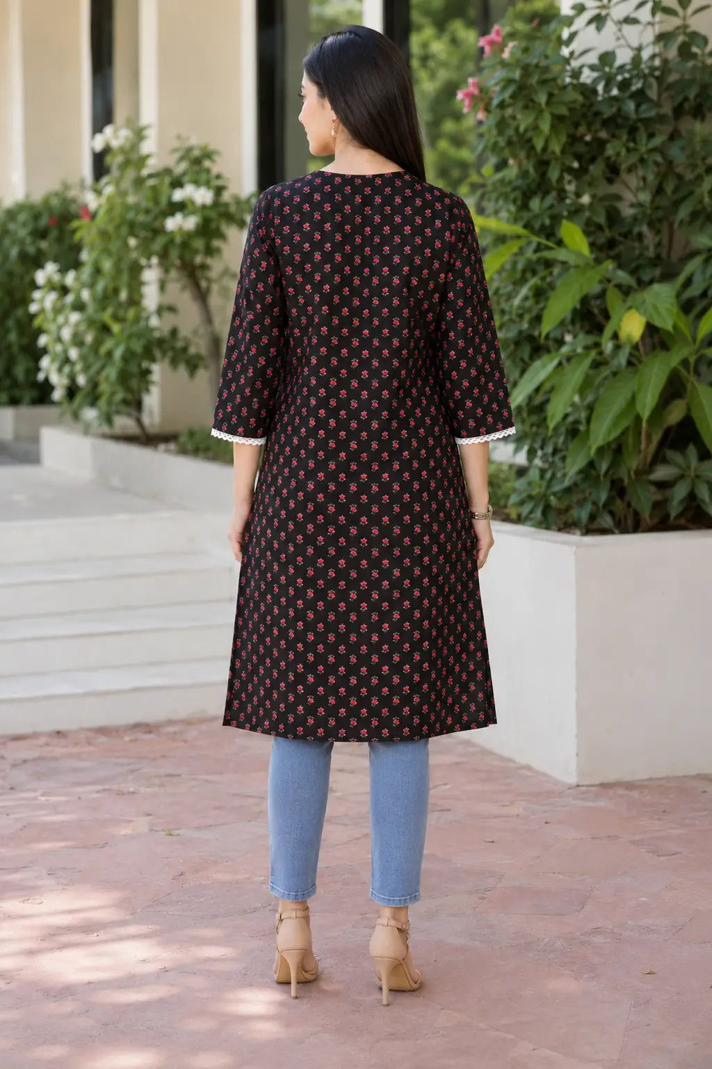 Rabric black cotton red floral printed straight kurti for women with three-quarter sleeves and white lace cuff detail – back view