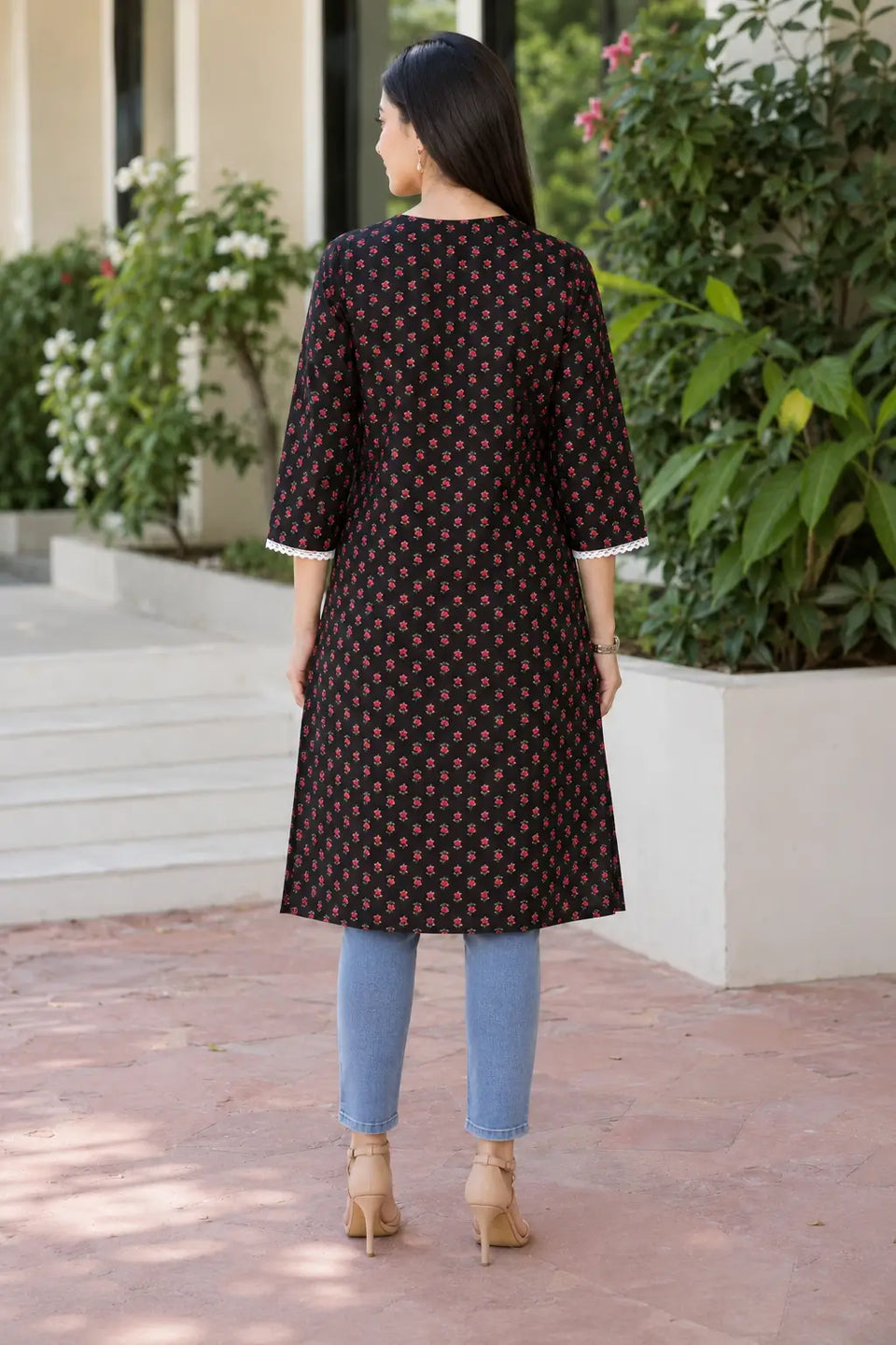 Rabric black cotton red floral printed straight kurti for women with three-quarter sleeves and white lace cuff detail – back view