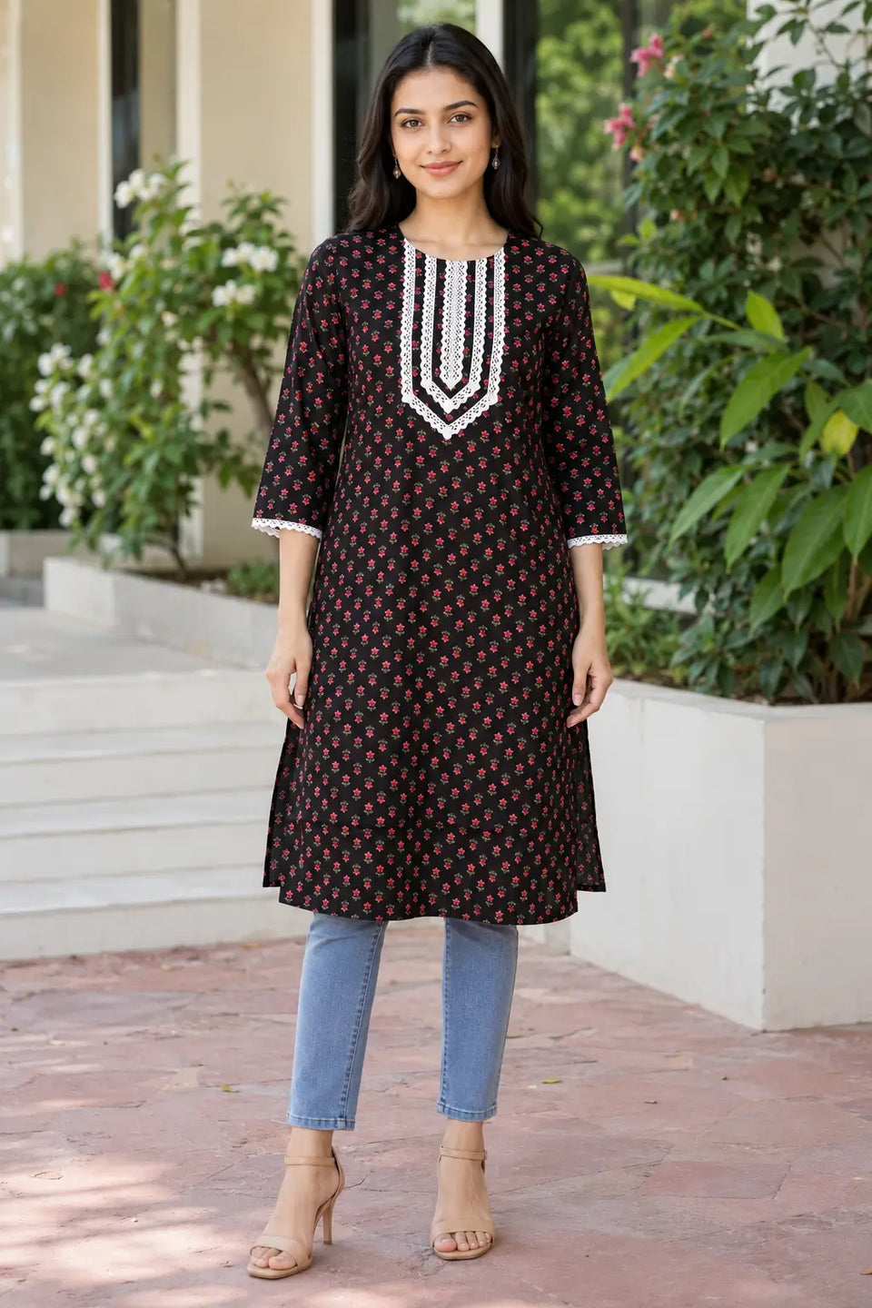 Rabric black cotton kurti for women with red floral print, white embroidered V-neck design and three-quarter sleeves – front view