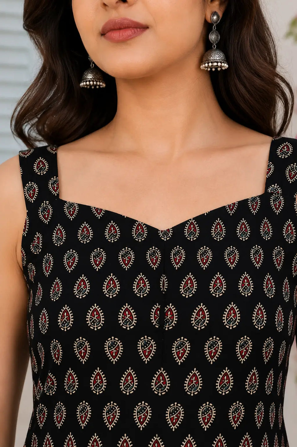 Rabric black Cotton short top neck design zoom with stylish sweetheart square neckline and paisley ethnic print