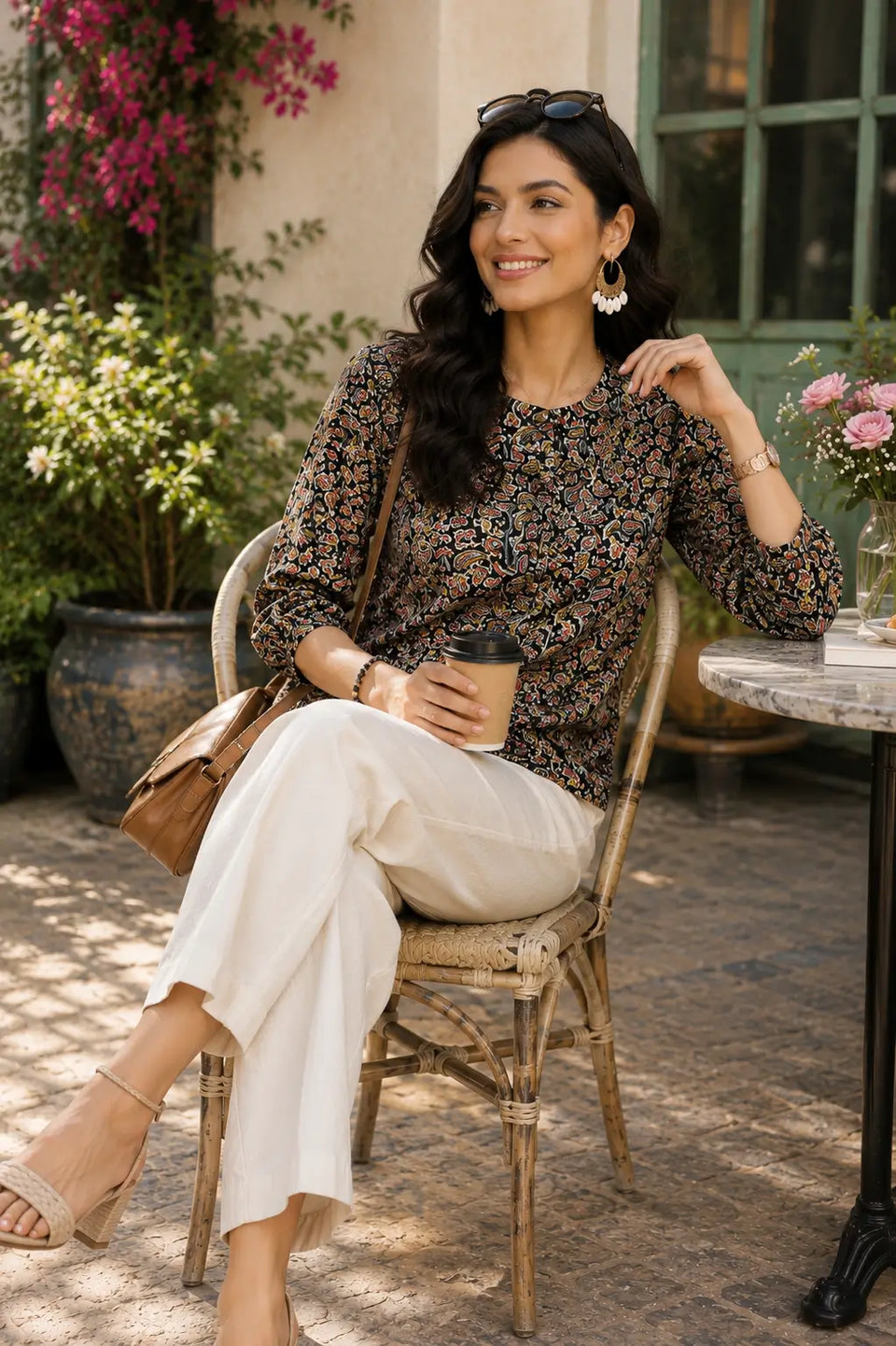 Rabric women black paisley cotton short top in casual sitting pose with stylish accessories and comfortable everyday fashion styling