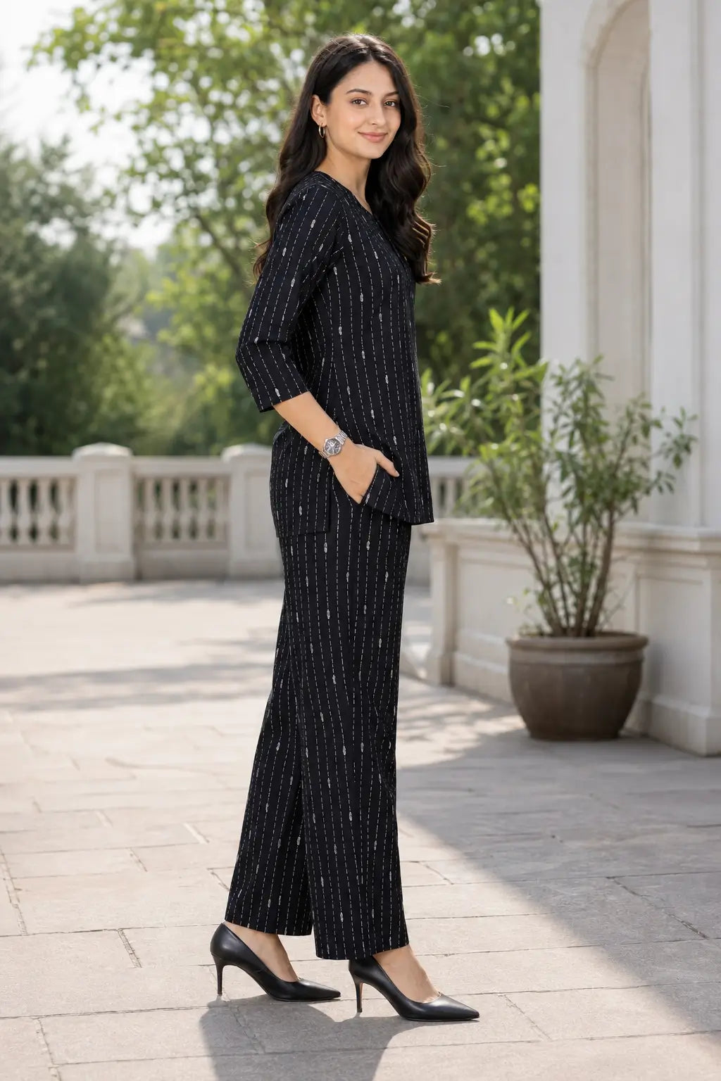 Side view of Rabric black cotton short co-ord set for women with white vertical stripe print, 3/4 sleeves and wide two-pocket pajama