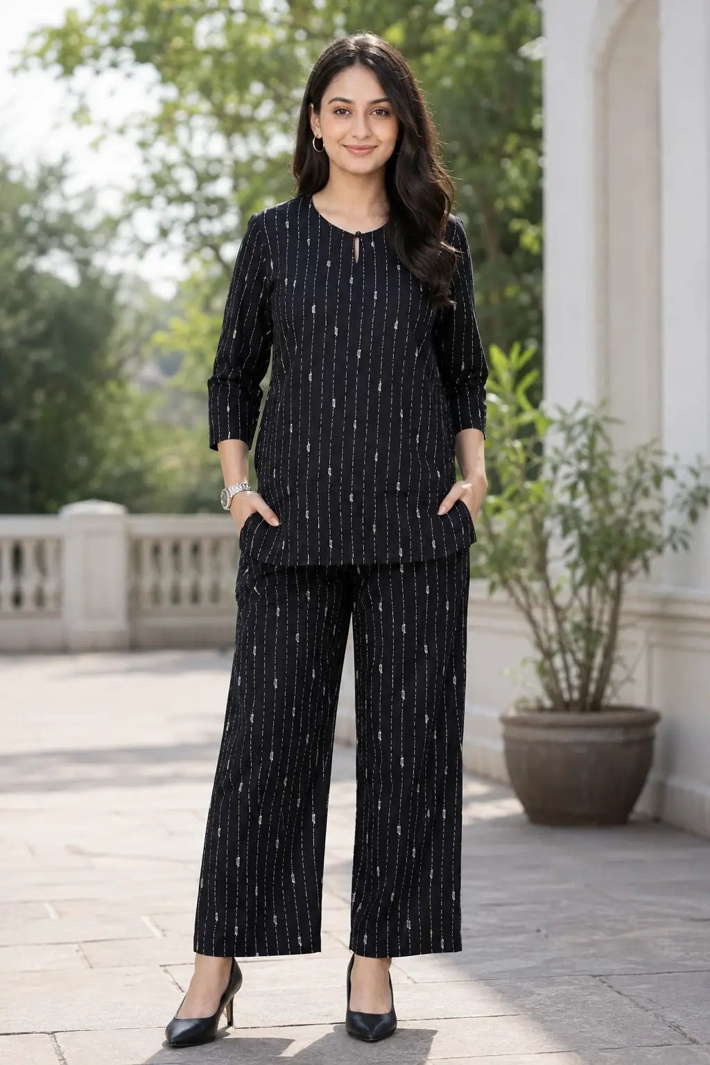 Rabric black cotton short co-ord set for women with white vertical dashed stripe print, 3/4 sleeve top and wide pajama pants, front view