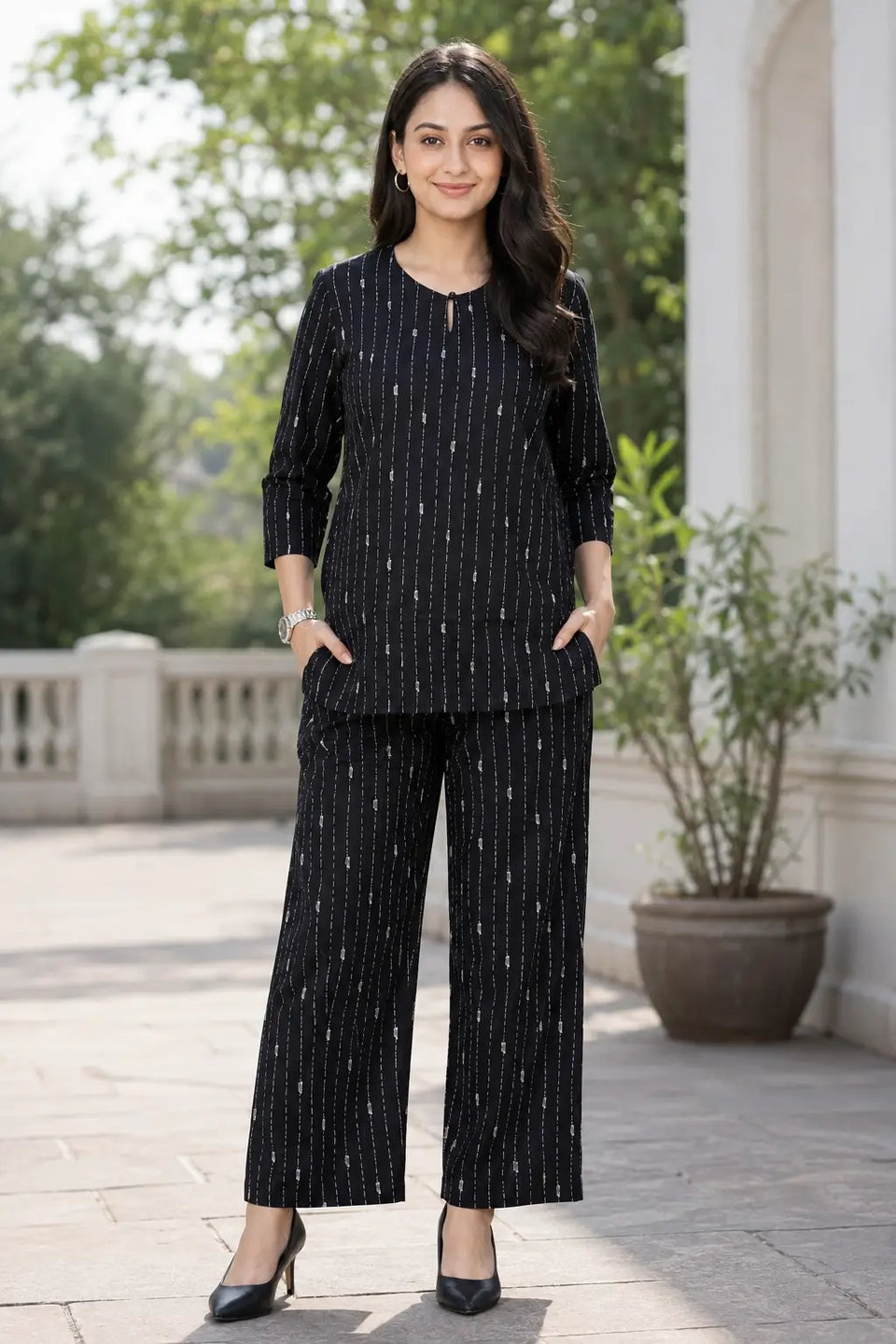 Rabric black cotton short co-ord set for women with white vertical dashed stripe print, 3/4 sleeve top and wide pajama pants, front view