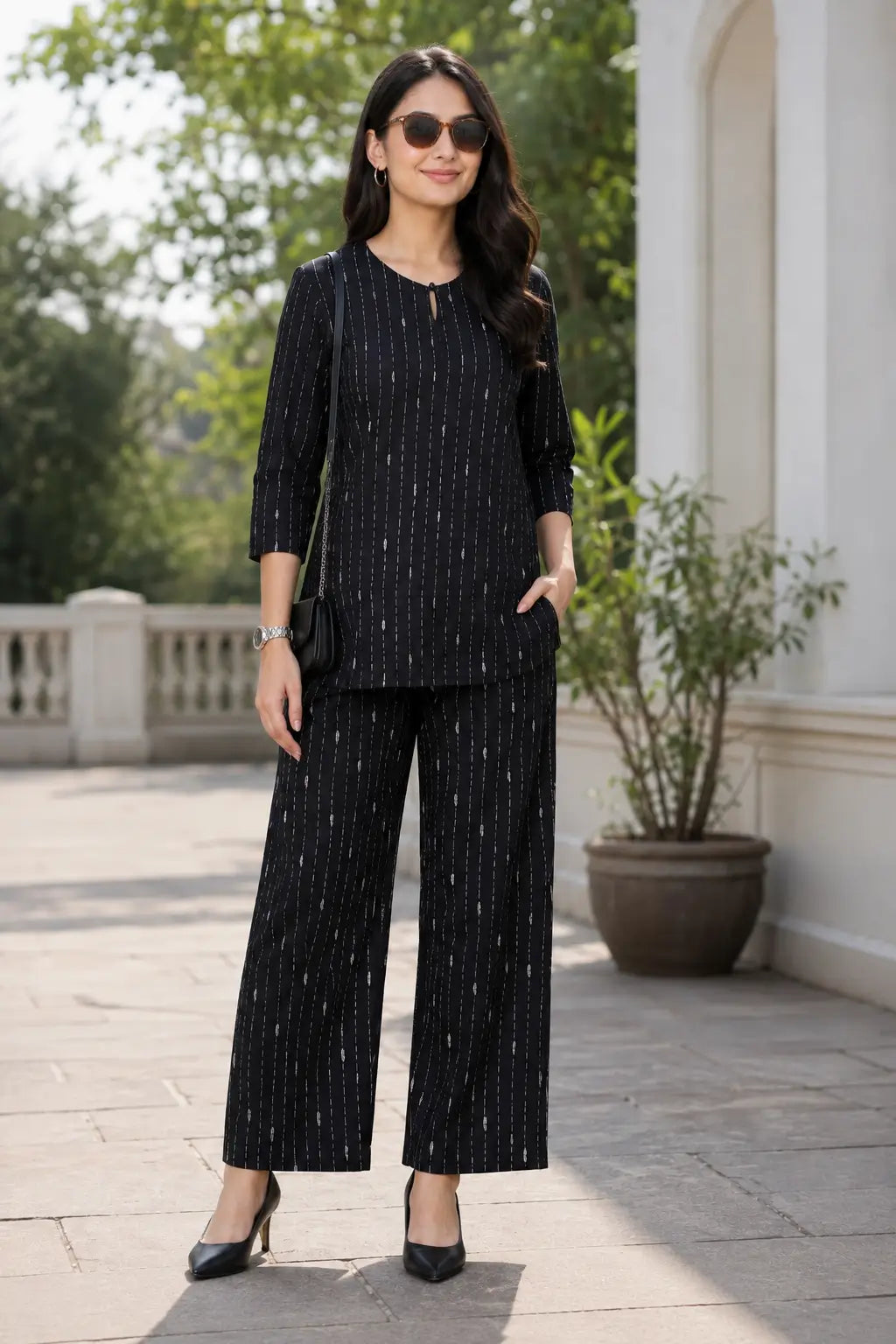 Rabric black cotton co-ord set for women featuring white vertical stripe print, short length top and wide pajama with two pockets