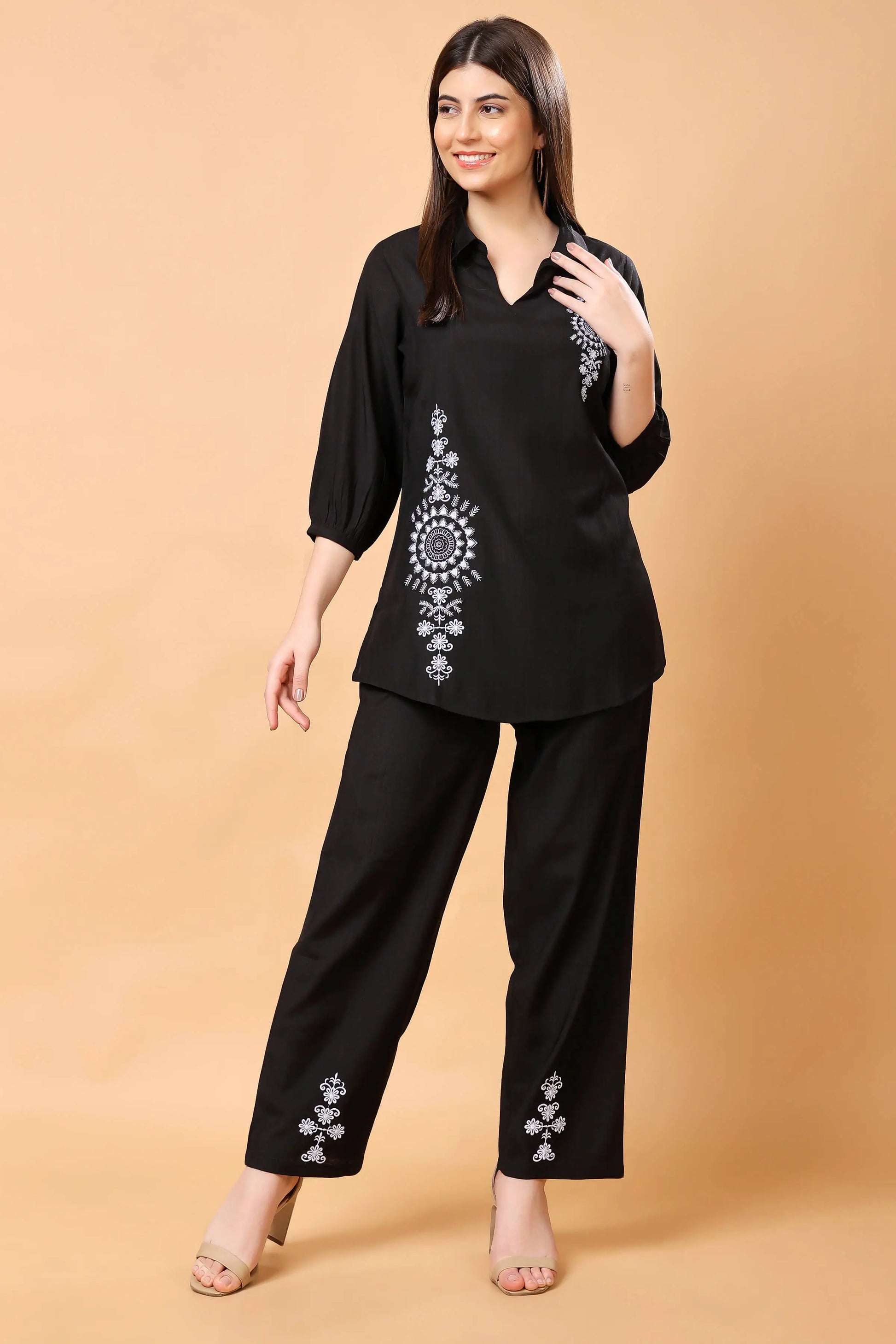 Rabric black embroidered co-ord set front view – premium Vertican fabric