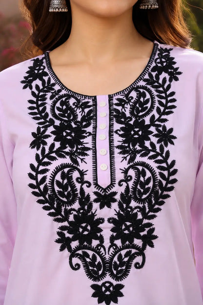 Closeup neck design of lavender cotton embroidered kurti for women by Rabric with black thread embroidery