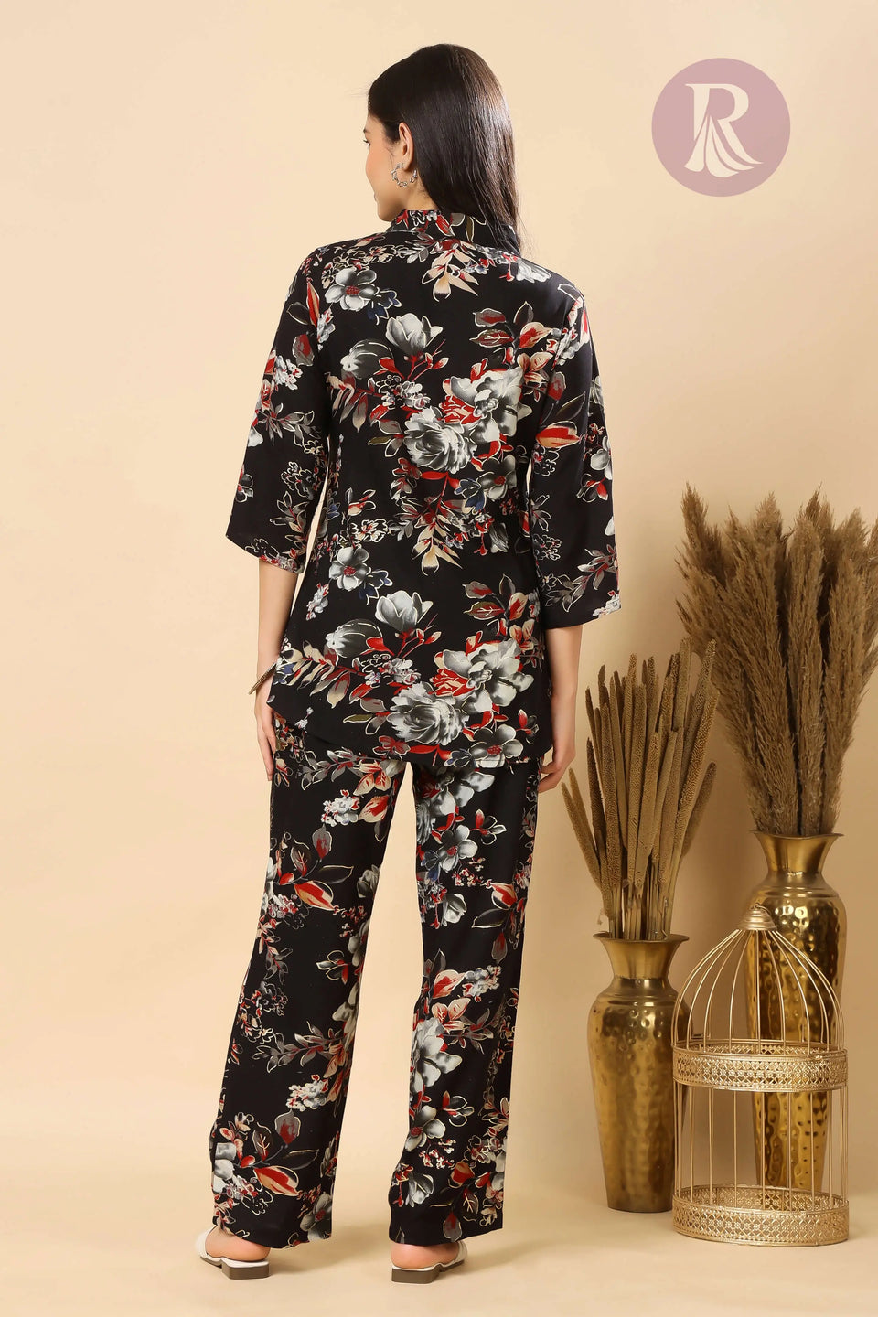 Rabric Premium Rayon Floral Black Co-ord Set for Women | Stylish Collar Top & Comfortable Pants with Pocket