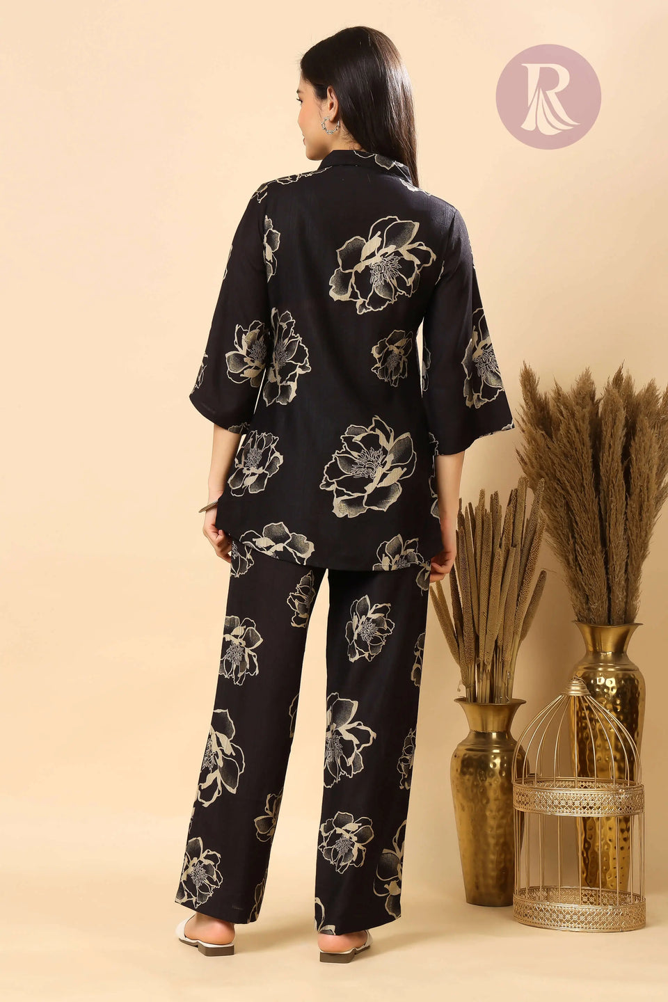 Back View of Rabric Black Floral Co-ord Set for Women