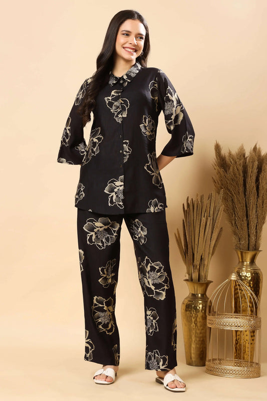 Rabric Premium Black Floral Co-ord Set Front View – Vertican Fabric with Button Down Top