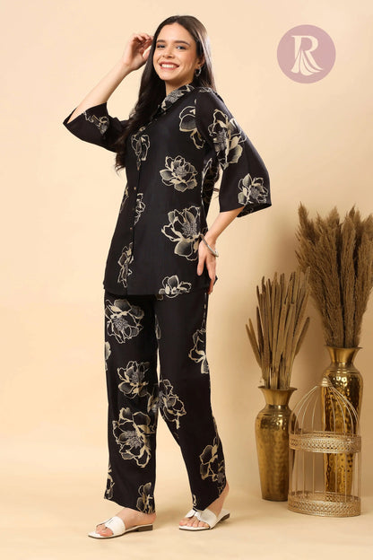 Flat Lay Display of Rabric Black Floral Two-Piece Co-ord Set