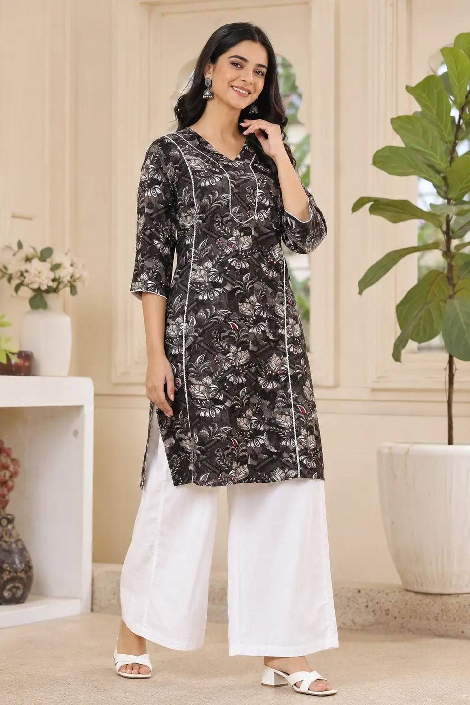 Rabric black floral cotton kurti lifestyle image for women with stylish palazzo pants casual ethnic fashion look