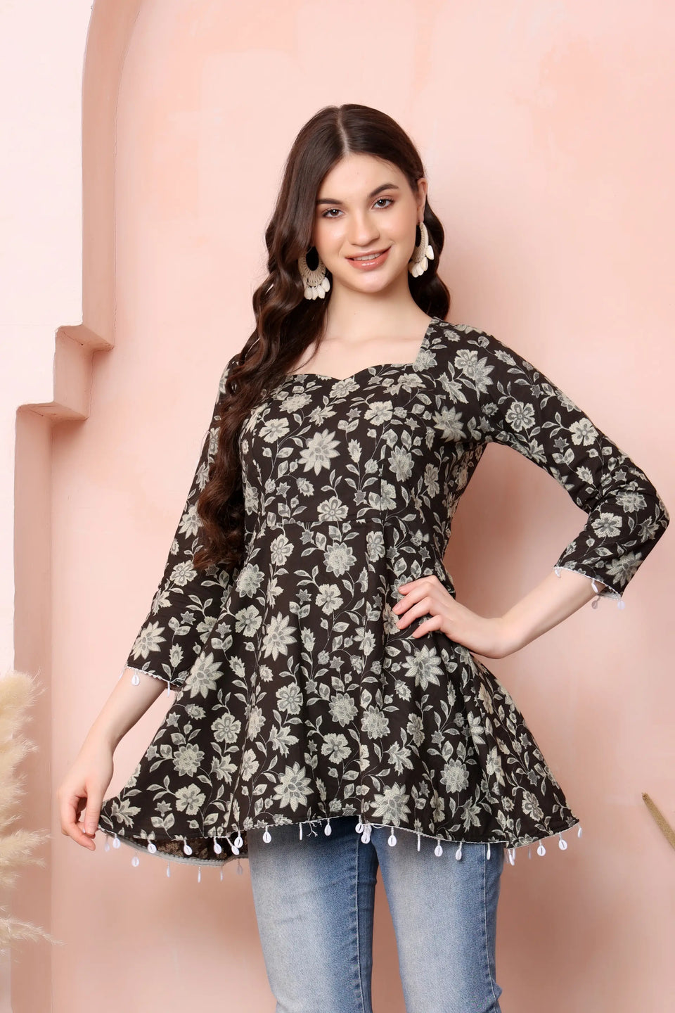RABRIC black floral pure cotton short kurti for women styled for casual wear