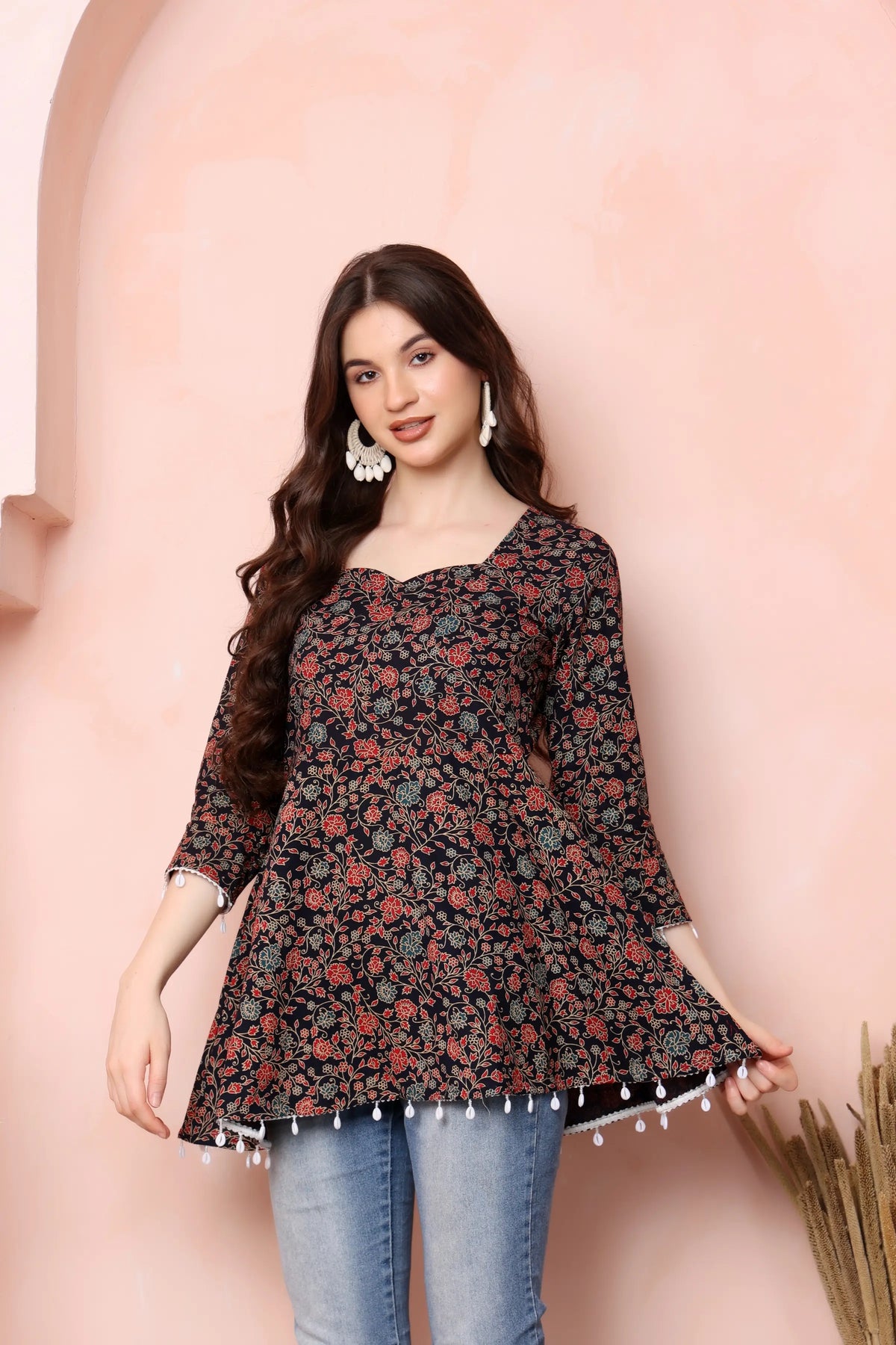 RABRIC black pure cotton short kurti floral print and white pom-pom lace detail