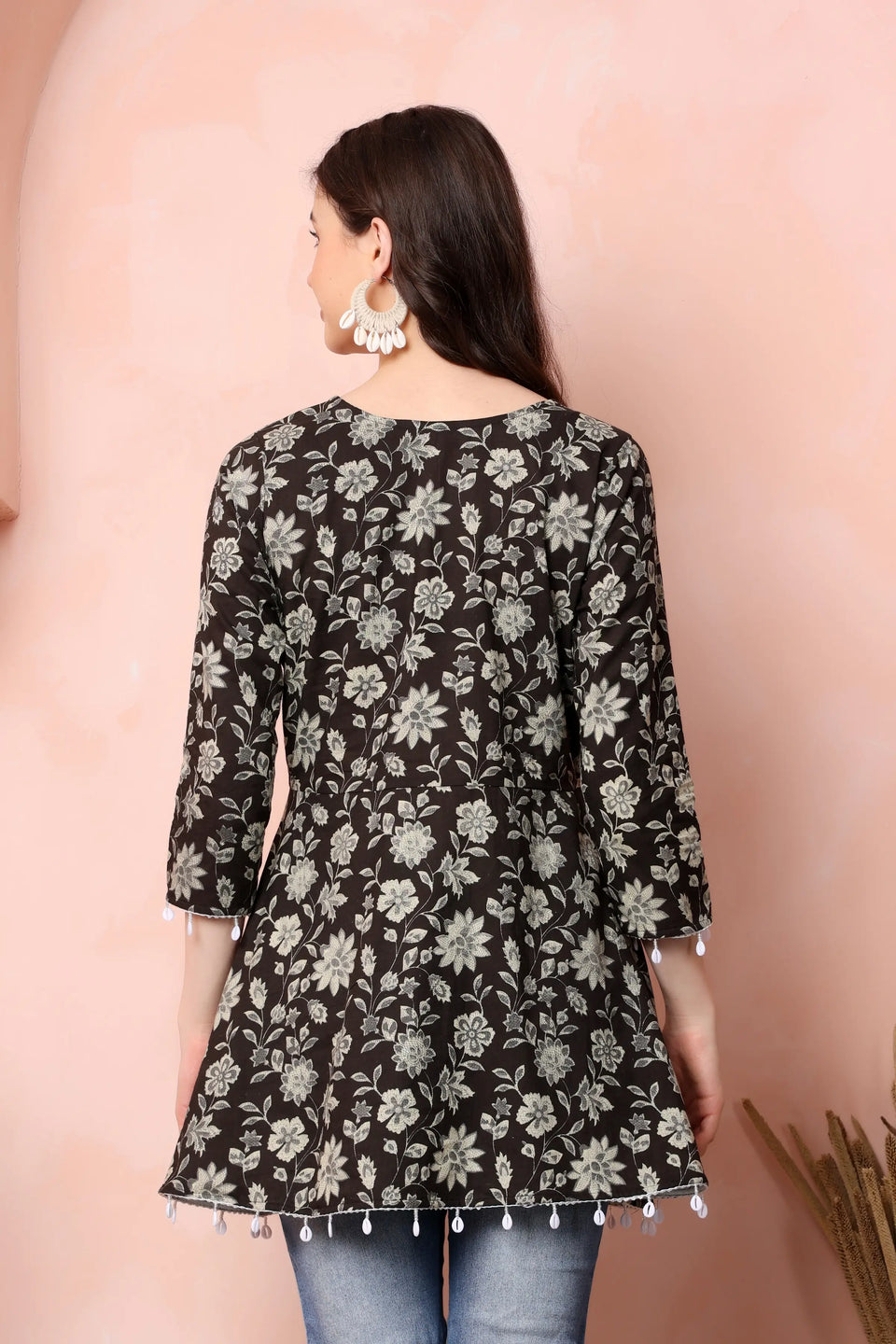 RABRIC black and grey floral pure cotton short kurti for women back view