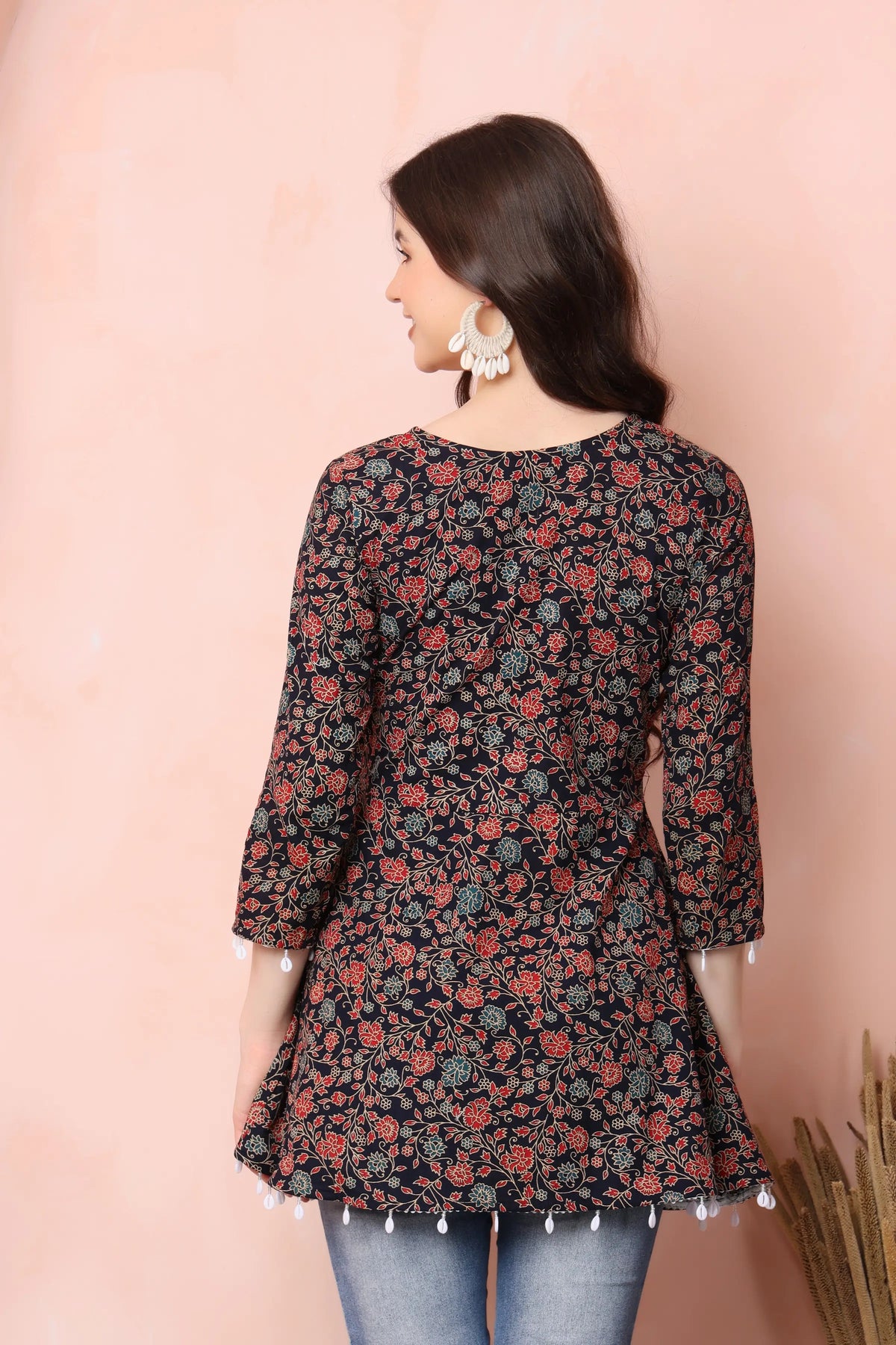 RABRIC black floral pure cotton short kurti for women back view