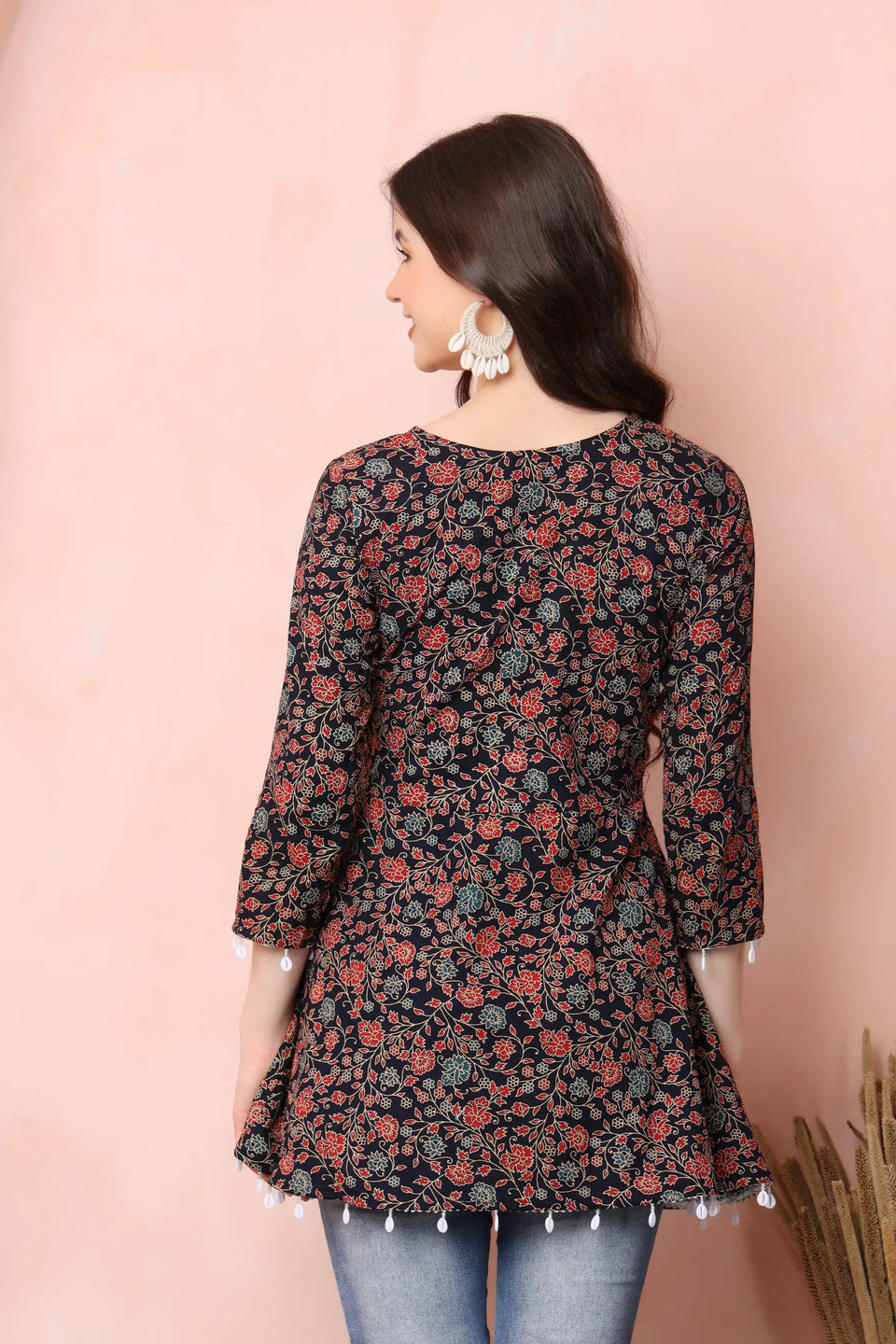 RABRIC black floral pure cotton short kurti for women back view