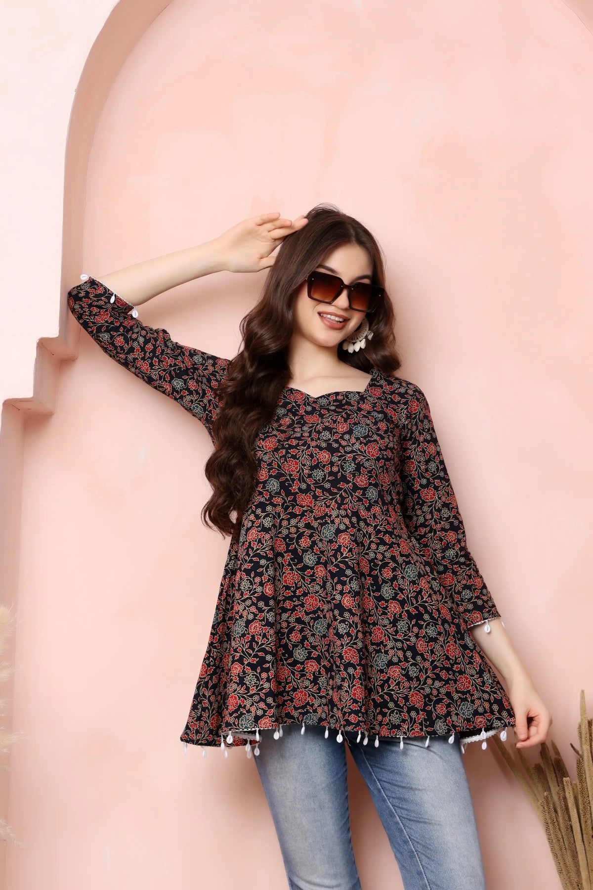 RABRIC black floral pure cotton short kurti styled with jeans for casual everyday wear