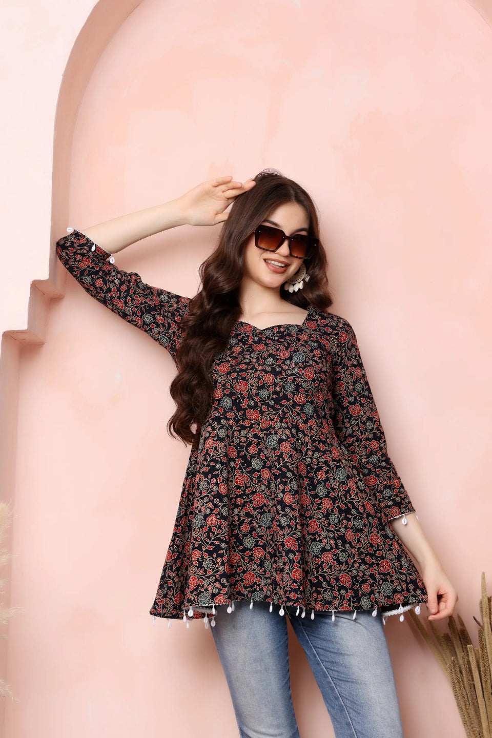 RABRIC black floral pure cotton short kurti styled with jeans for casual everyday wear