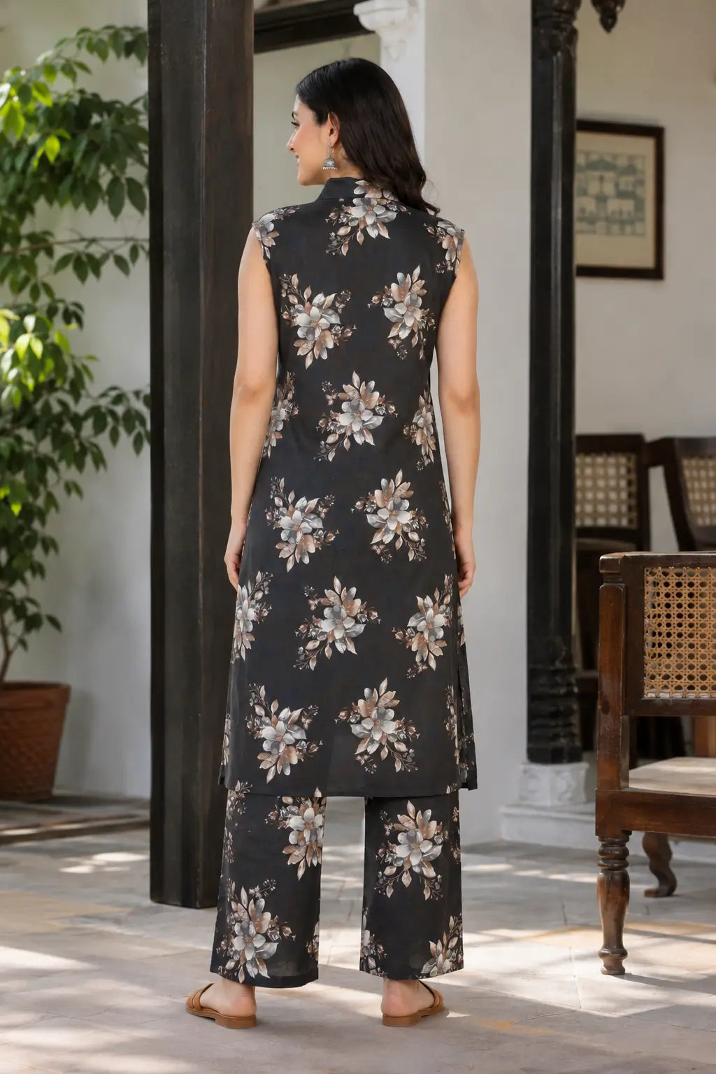 Back view of Rabric black floral rayon sleeveless co-ord set