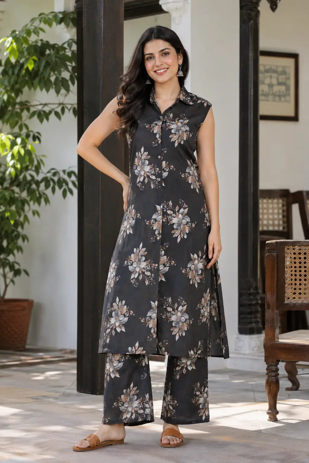 Rabric black floral sleeveless co-ord set front view for women