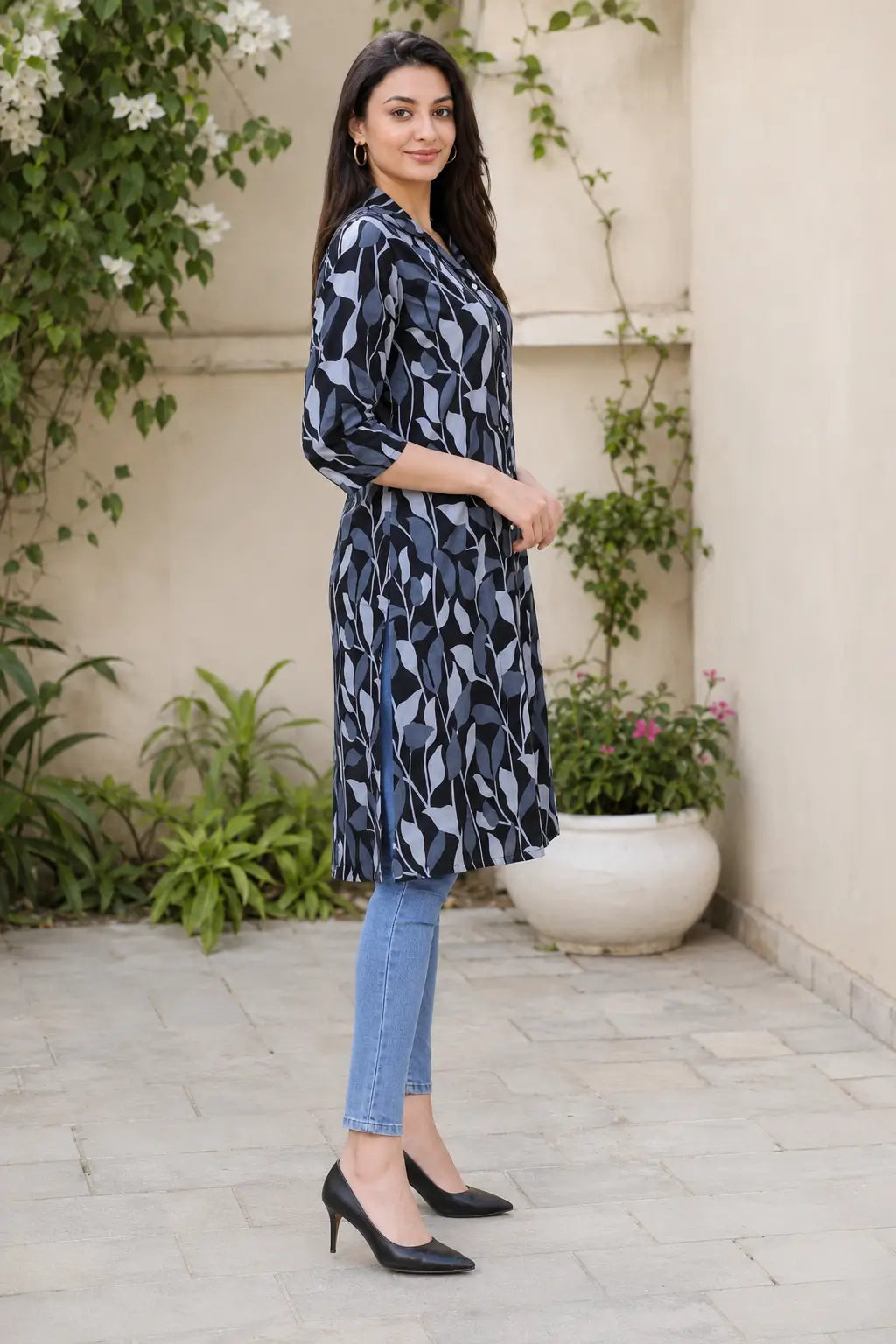 Rabric black and grey cotton abstract leaf printed collared long kurti for women side view with three quarter sleeves