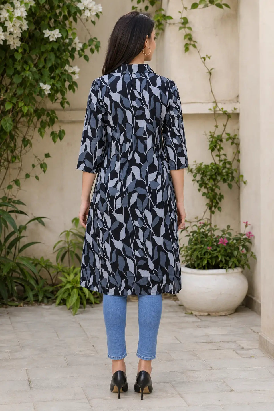 Rabric black and grey cotton abstract leaf print collared button-down long kurti for women back view