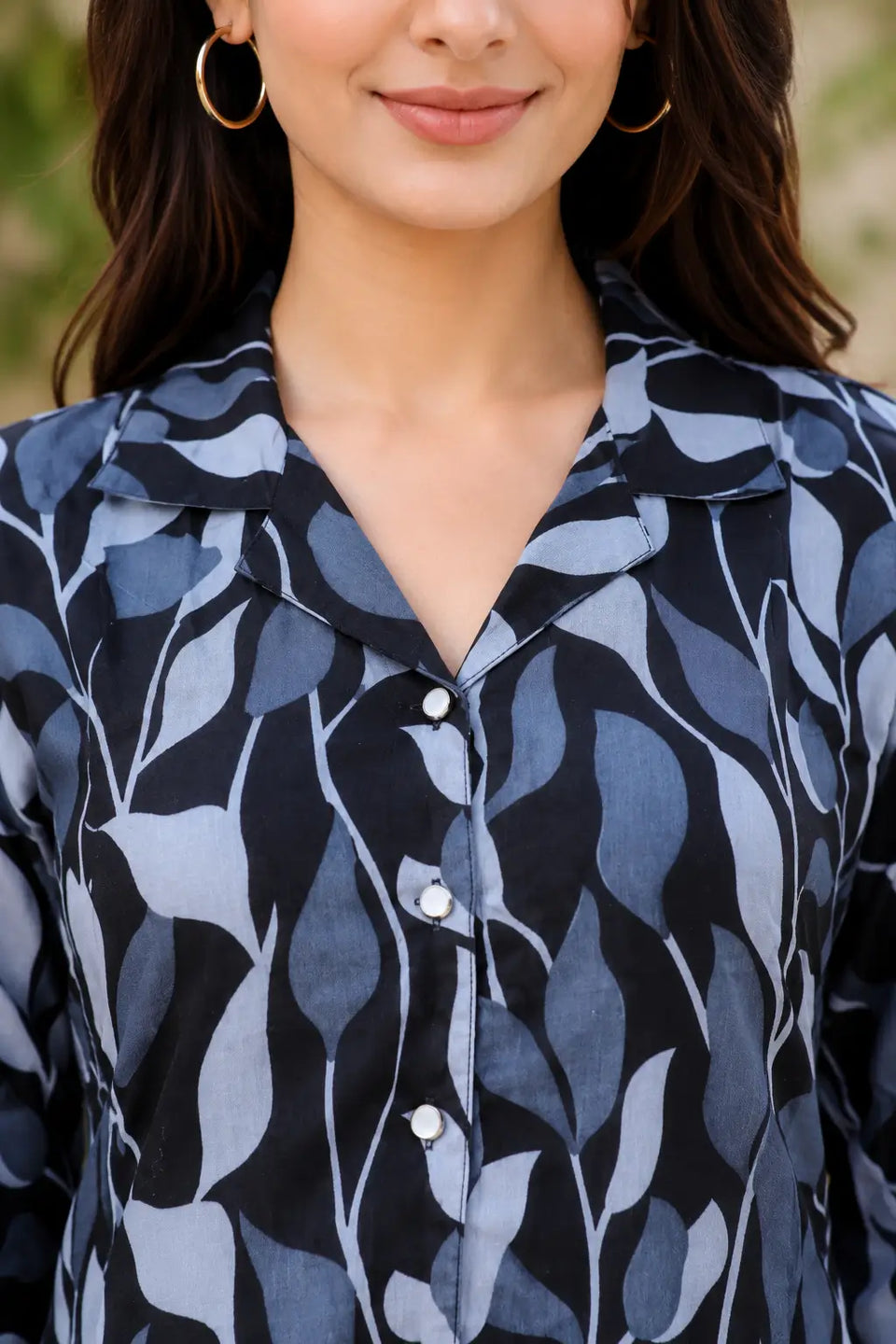Rabric black and grey cotton leaf printed collared kurti neck design with functional front buttons close up