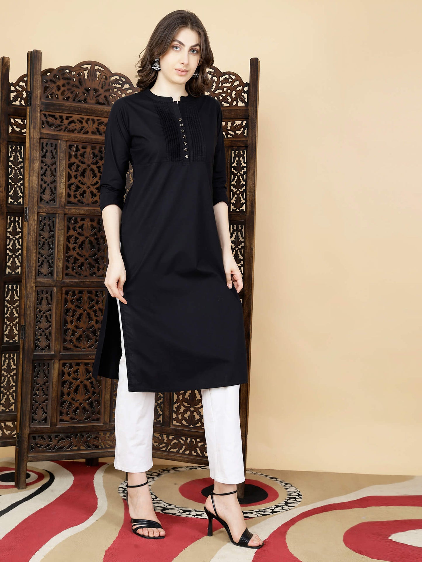 Side view of Rabric Black Poplin Cotton Kurti with 3/4th Sleeves