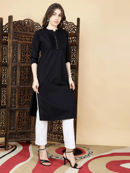 Side view of Rabric Black Poplin Cotton Kurti with 3/4th Sleeves