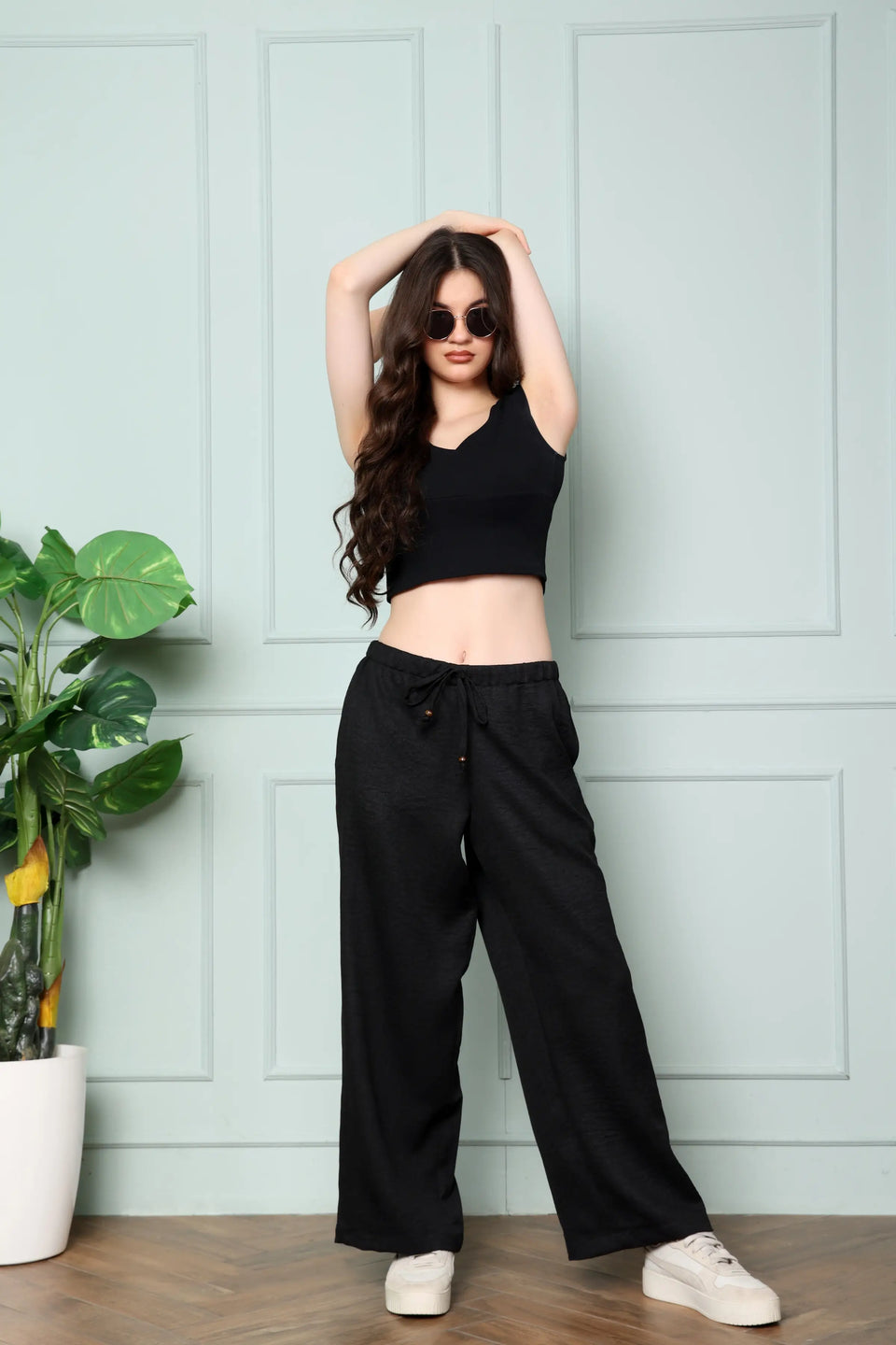 RABRIC black linen wide leg trousers for women styled for comfortable casual everyday wear