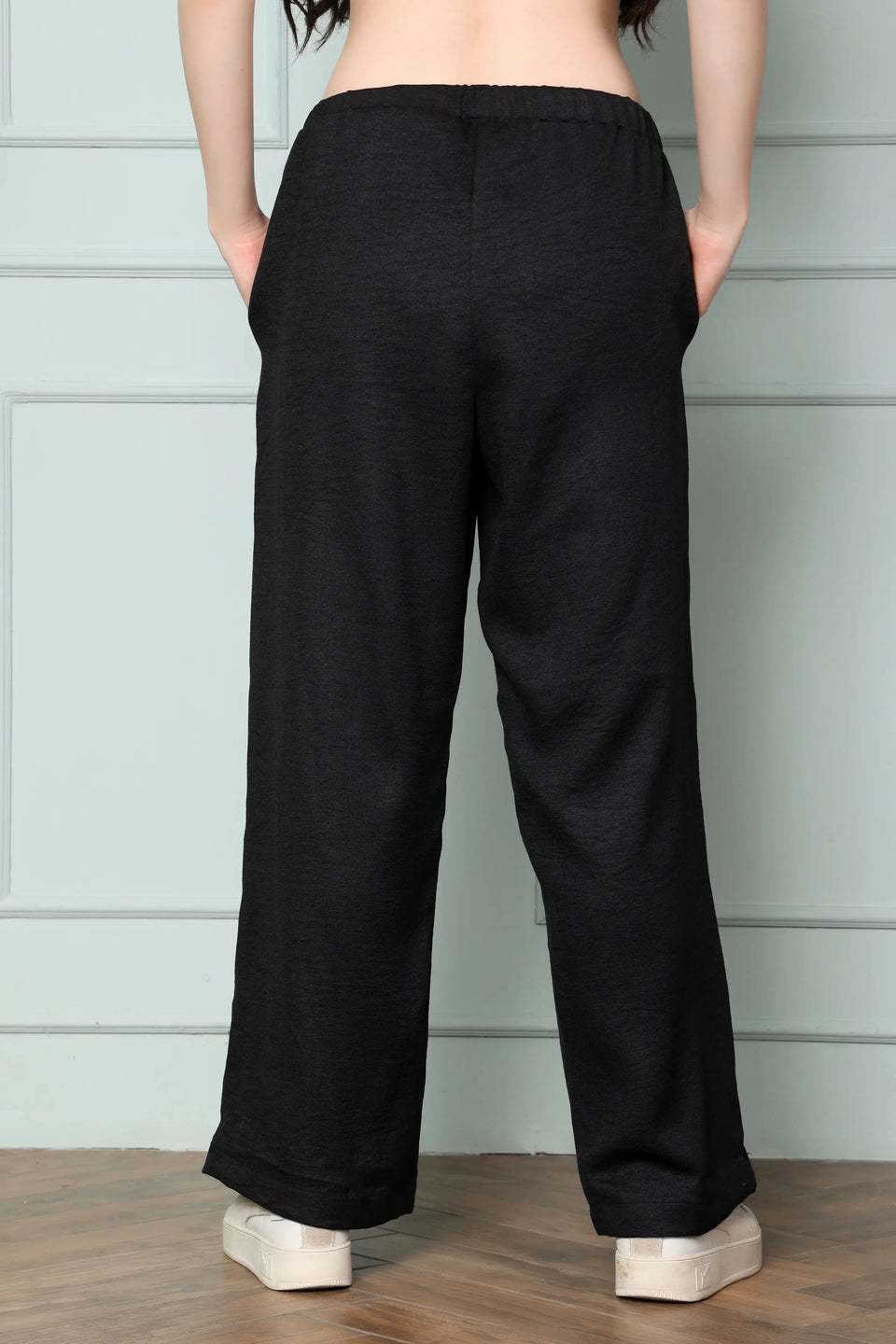 RABRIC black linen wide leg trousers for women back view showing relaxed broad fit