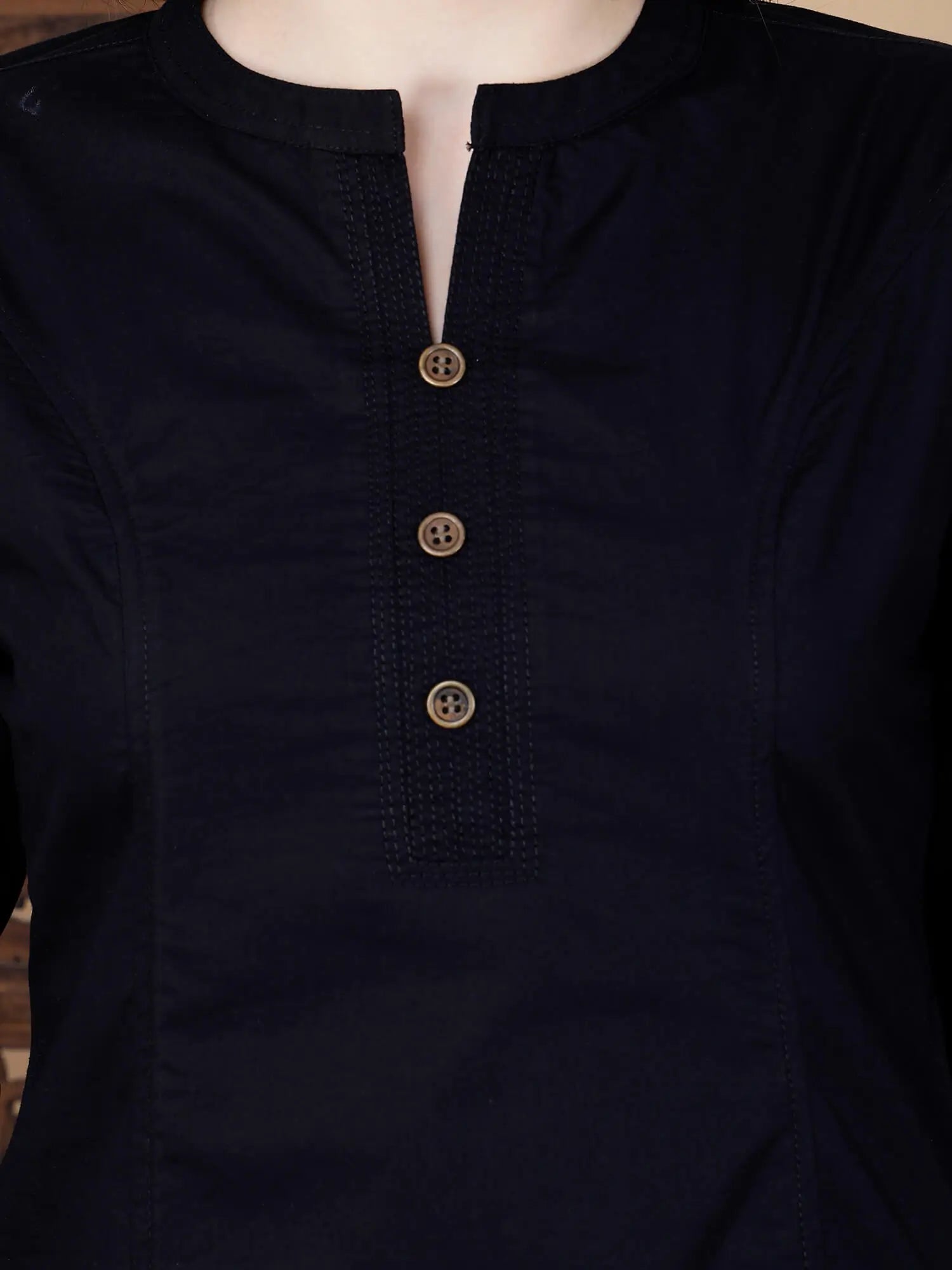 Side view of elegant black poplin cotton kurti with 3/4 sleeves