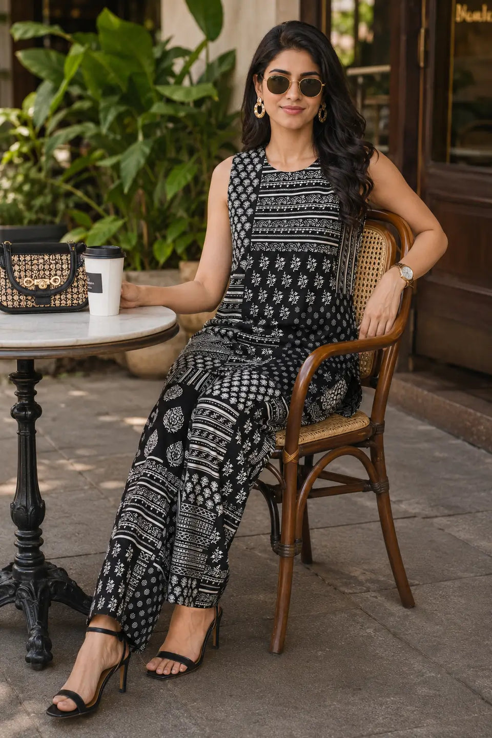 Rabric black and off-white cotton flex co-ord set with patchwork floral print shown in casual sitting café pose