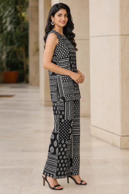 Side view of Rabric black and off-white cotton flex sleeveless co-ord set with straight top and wide-leg printed pants