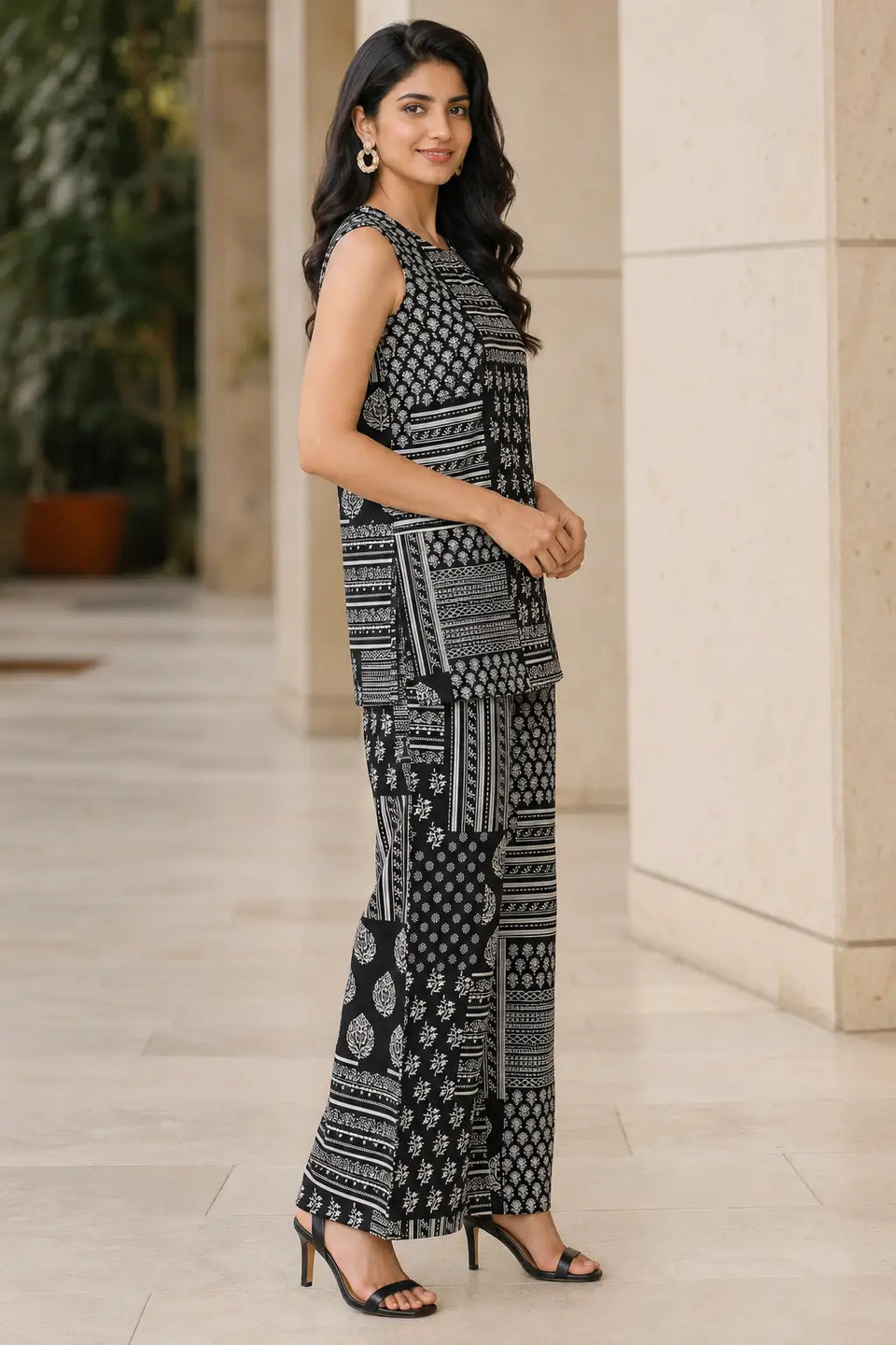Side view of Rabric black and off-white cotton flex sleeveless co-ord set with straight top and wide-leg printed pants