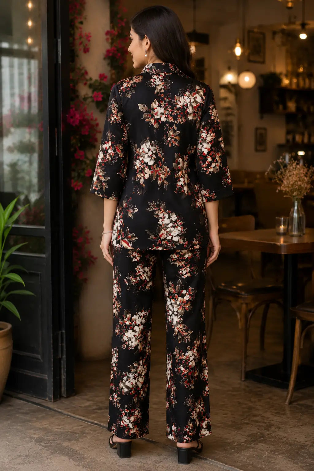 Rabric black rayon floral print women co-ord set back view with short collared shirt and wide leg pant
