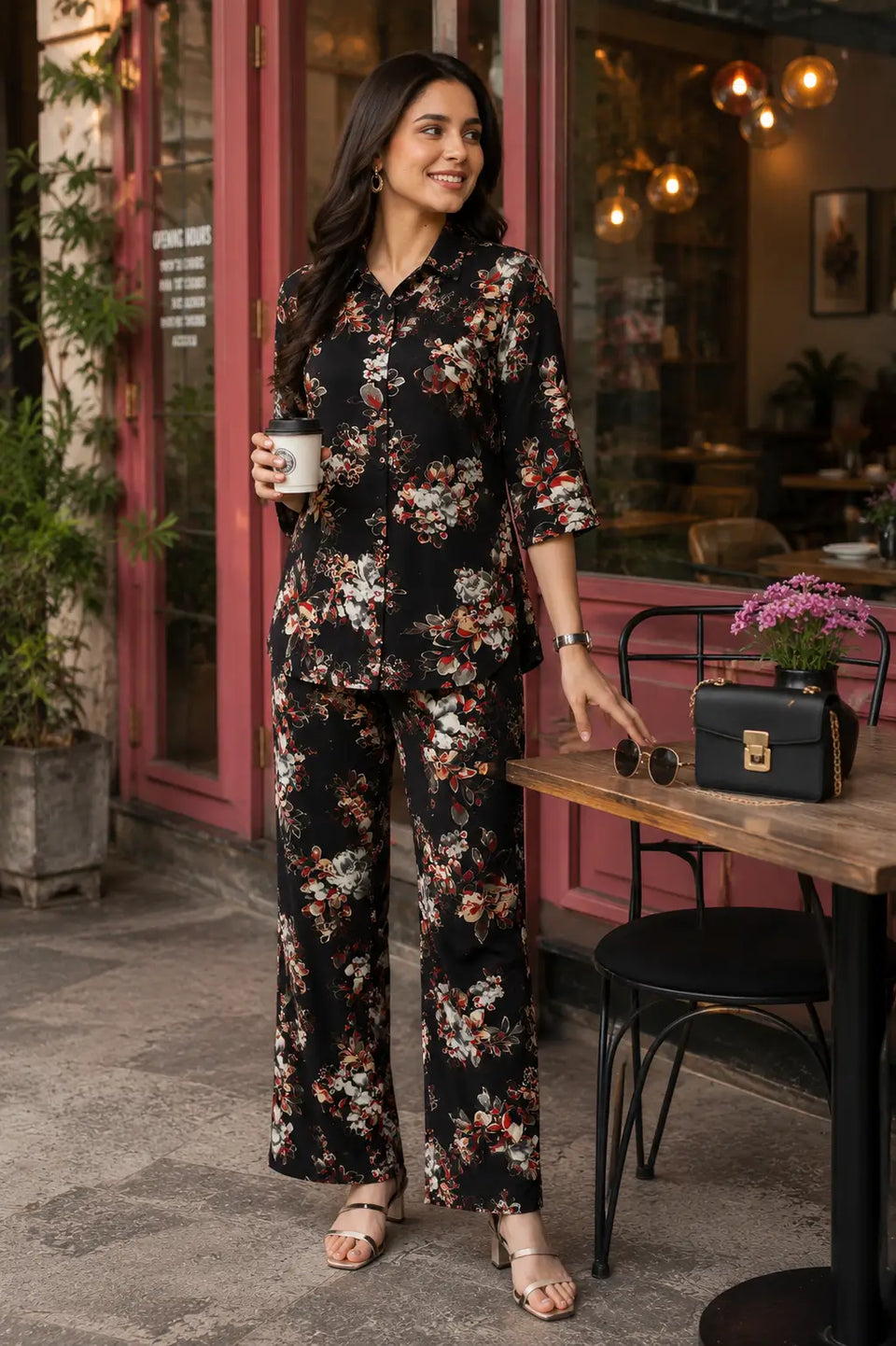 Rabric black rayon floral print women co-ord set styled for cafe outing with casual accessories