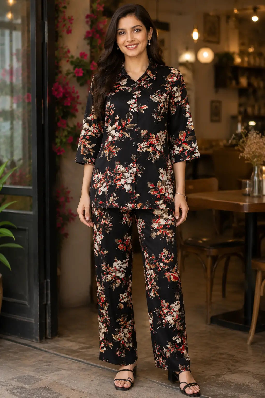 Rabric black rayon floral print co-ord set for women with short shirt, 3/4 sleeves and matching pant front view