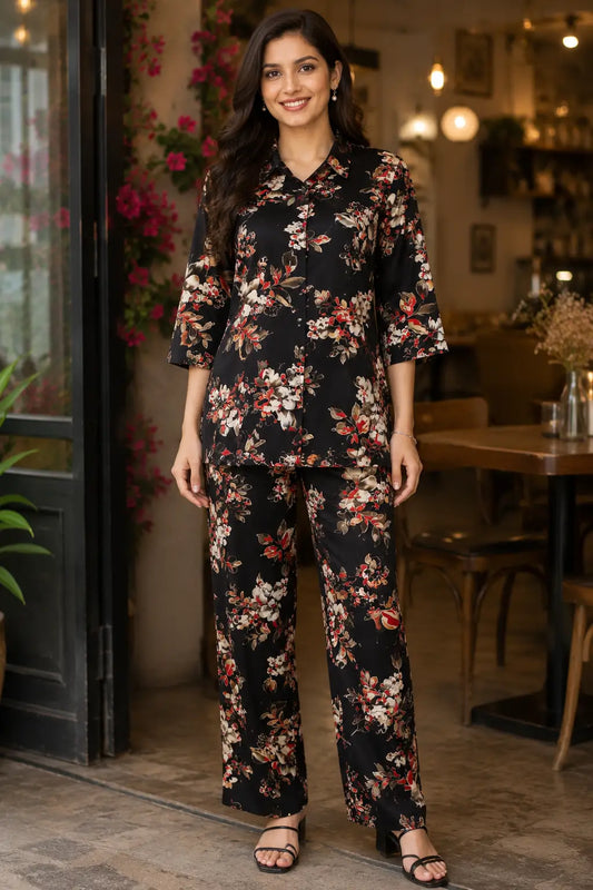 Rabric black rayon floral print co-ord set for women with short shirt, 3/4 sleeves and matching pant front view