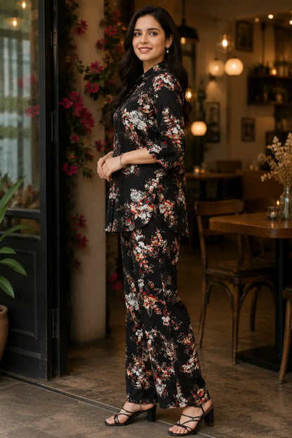 Rabric black rayon floral print co-ord set side view showing 3/4 sleeve shirt and matching pant