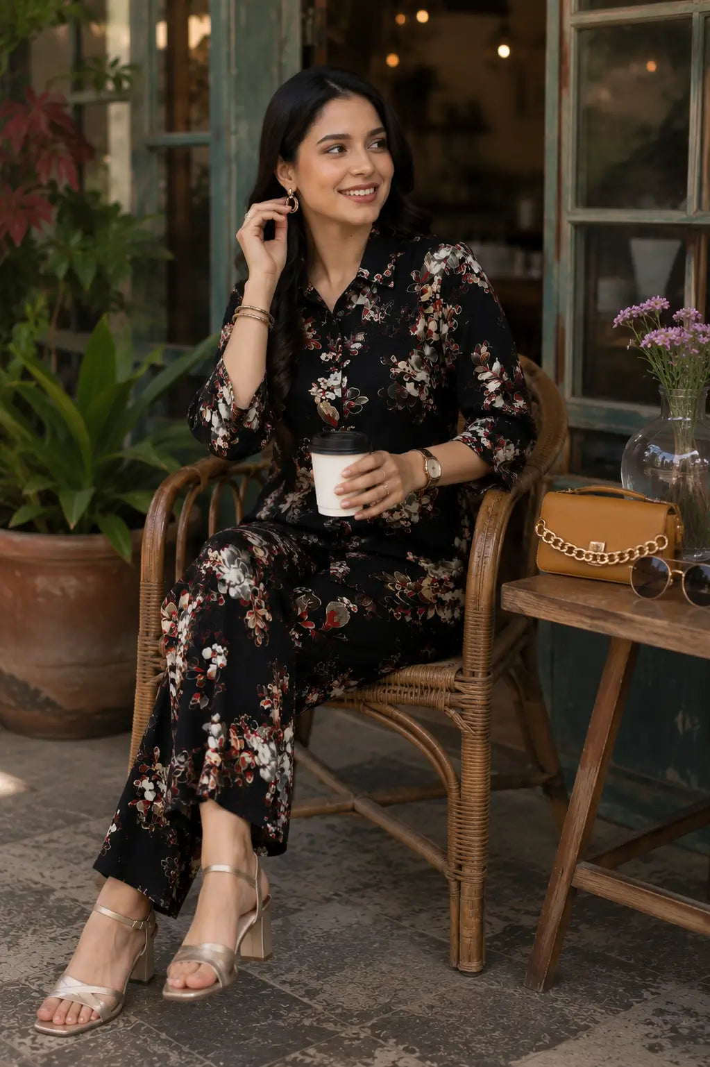 Rabric black rayon floral print women co-ord set in casual sitting pose with coffee handbag and earrings