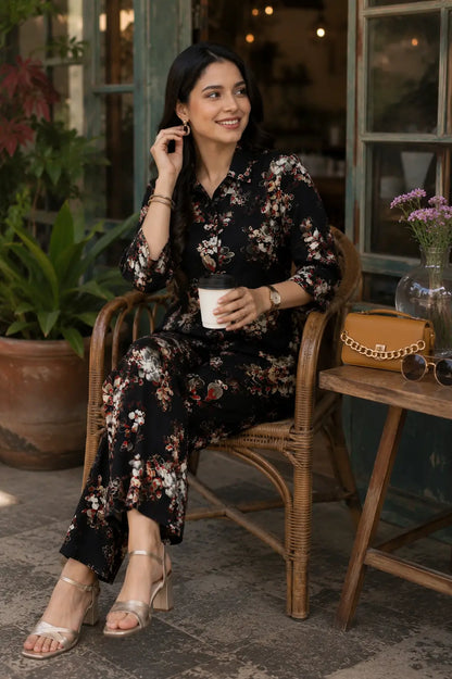 Rabric black rayon floral print women co-ord set in casual sitting pose with coffee handbag and earrings